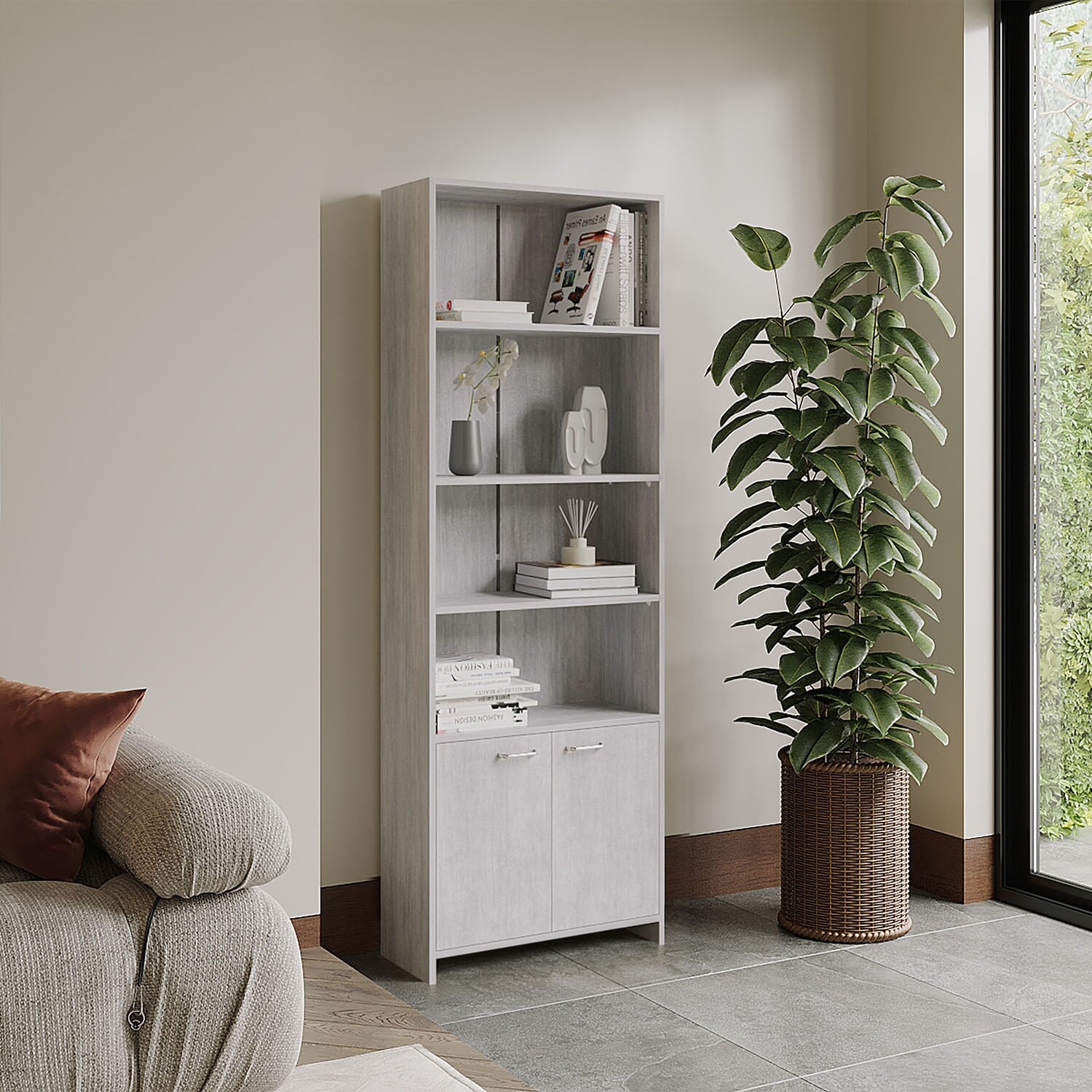 Biblioteca Lisa 180 Con Puertas 180X63X26 Rta Cemento Zf