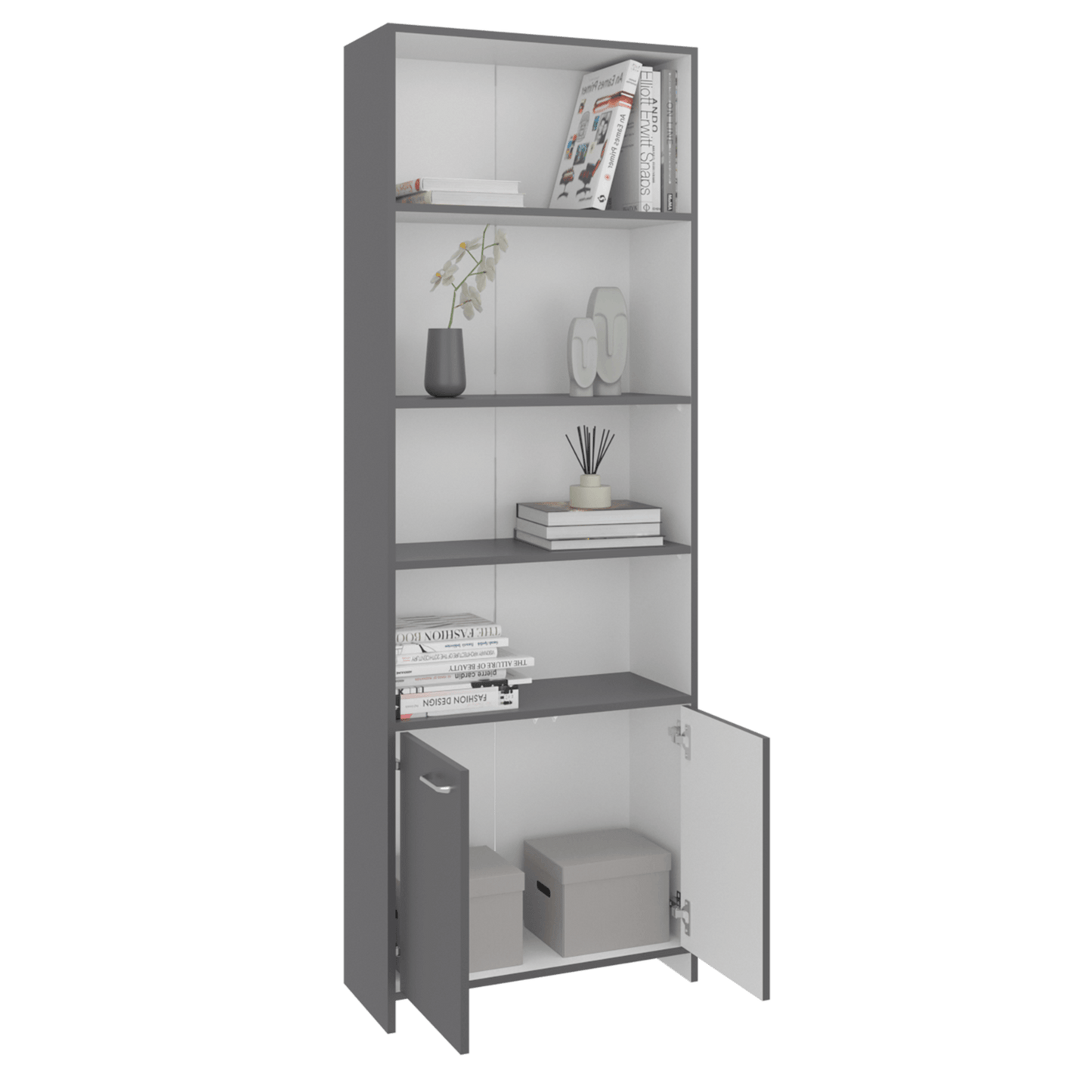 Biblioteca Lisa 180 Con Puertas 180X63X26 Rta Plomo Blanco Zf