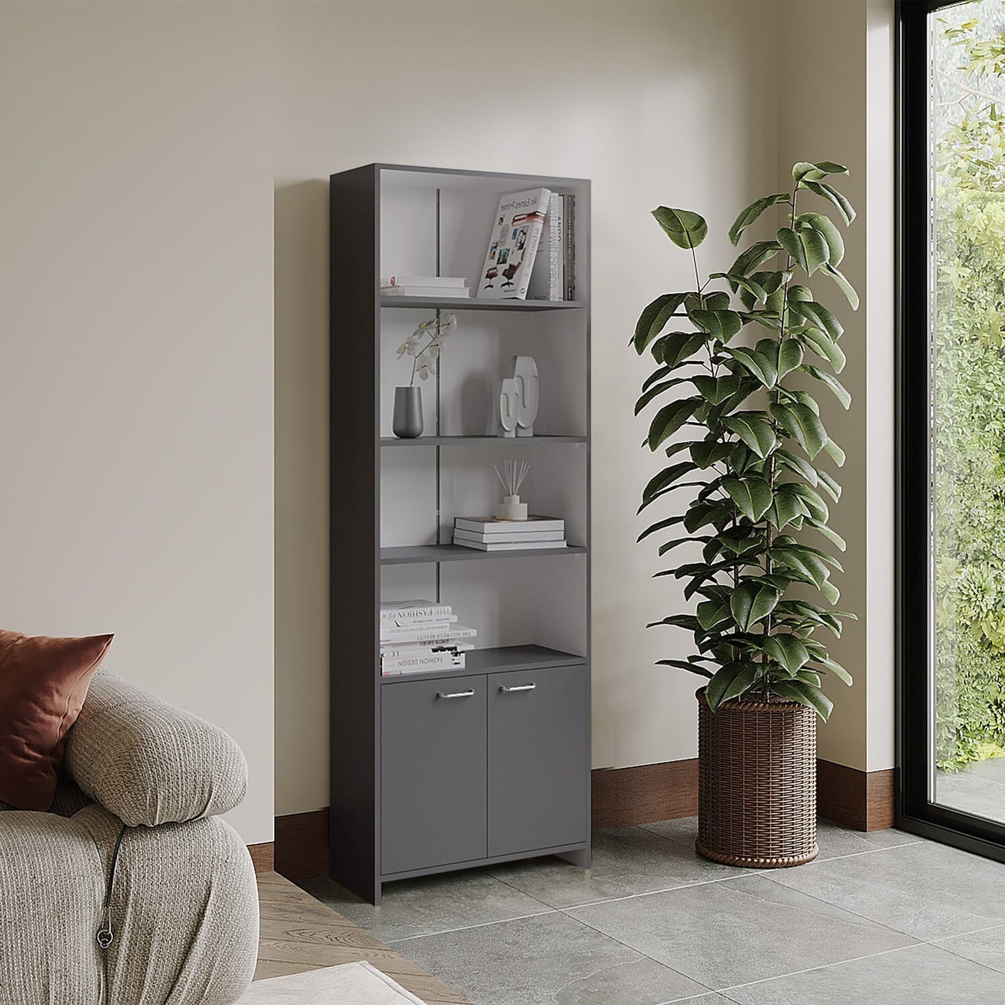 Biblioteca Lisa 180 Con Puertas 180X63X26 Rta Plomo Blanco Zf