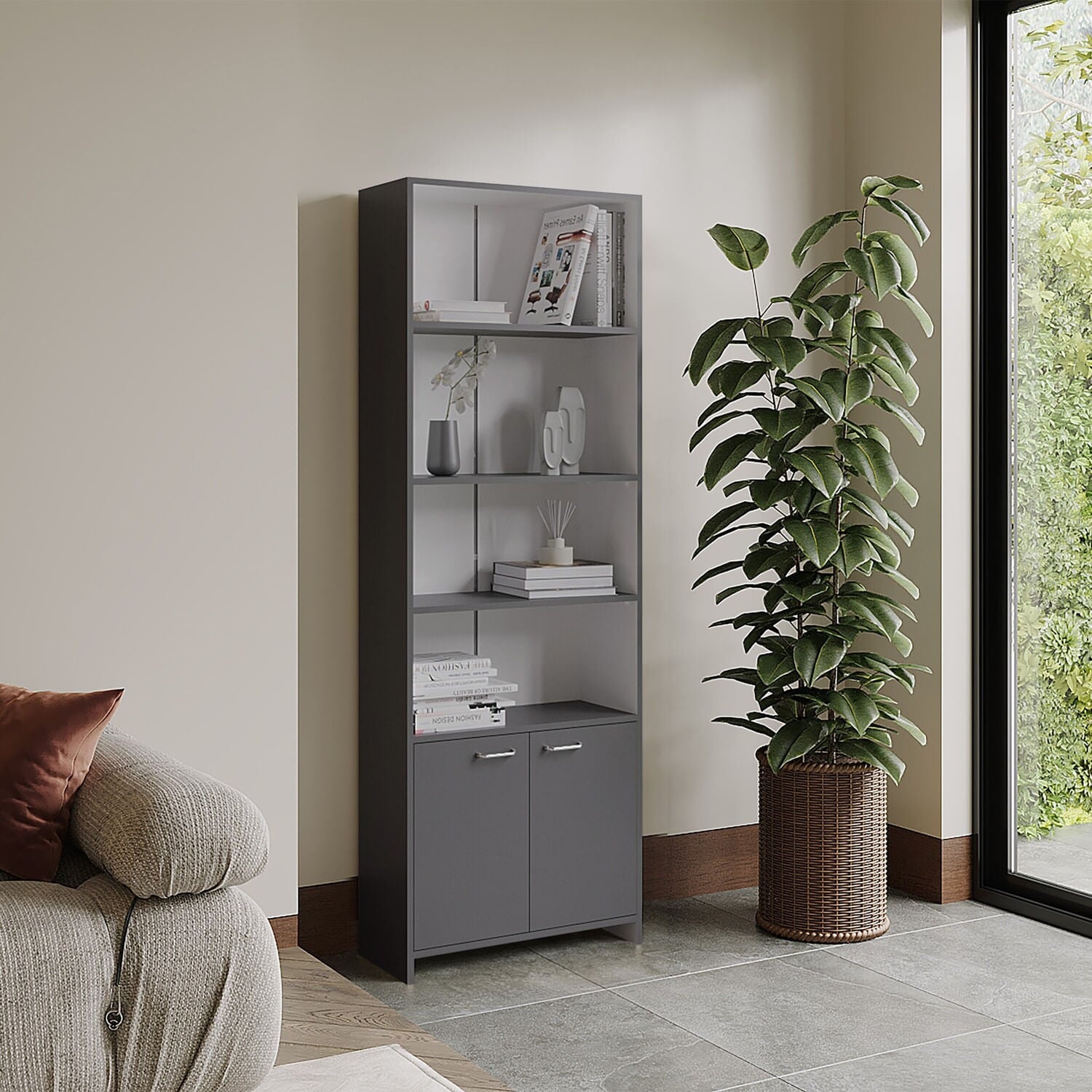 Biblioteca Lisa 180 Con Puertas 180X63X26 Rta Plomo Blanco Zf