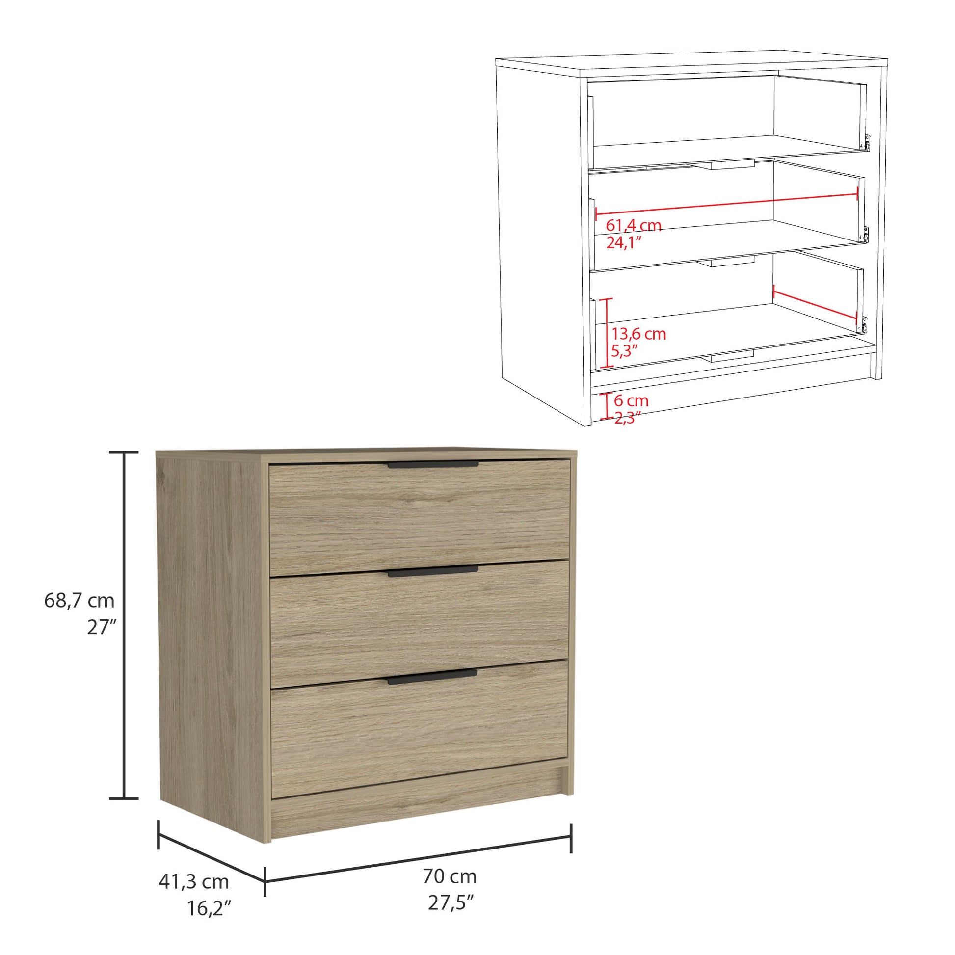 Comoda 3 Cajones Kaia Rta Rovere + Blanco