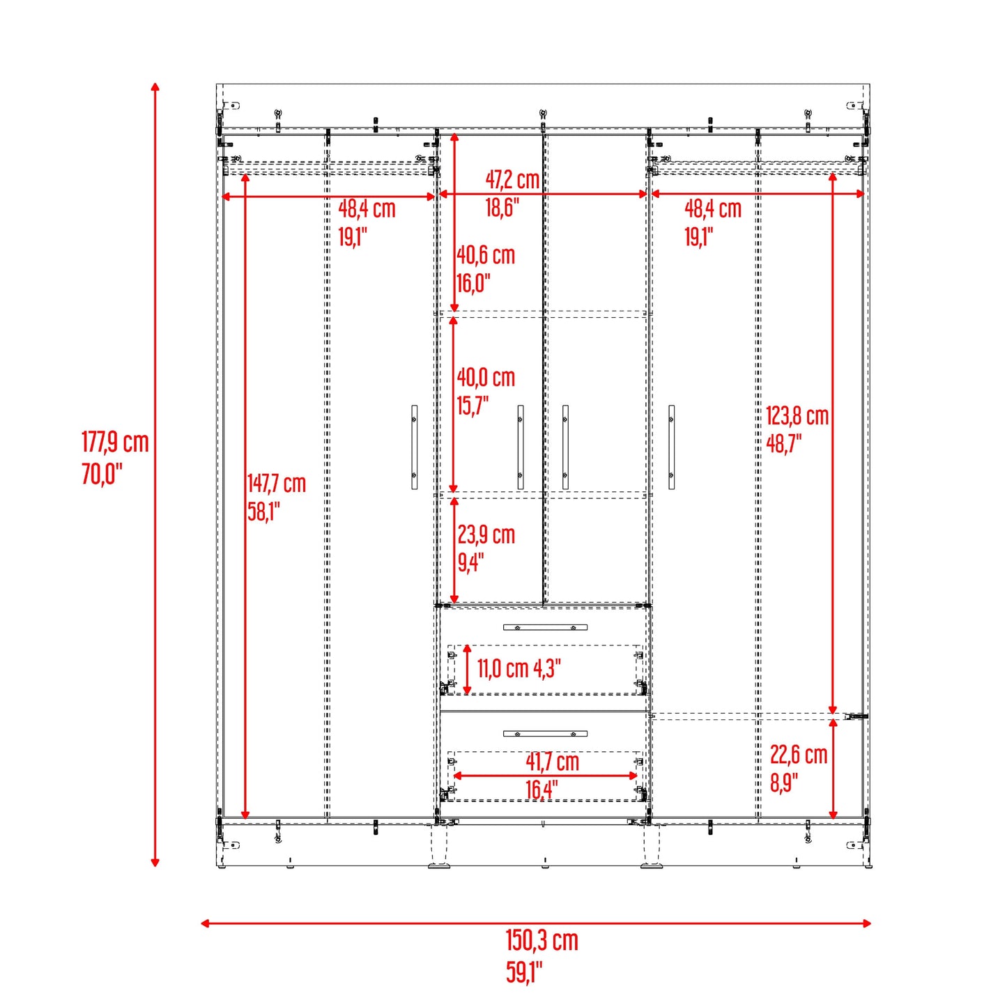 Closet 150 Vm 4 Puertas 2 Cajones 177X150X50 Rta Fresno Eu Wengue