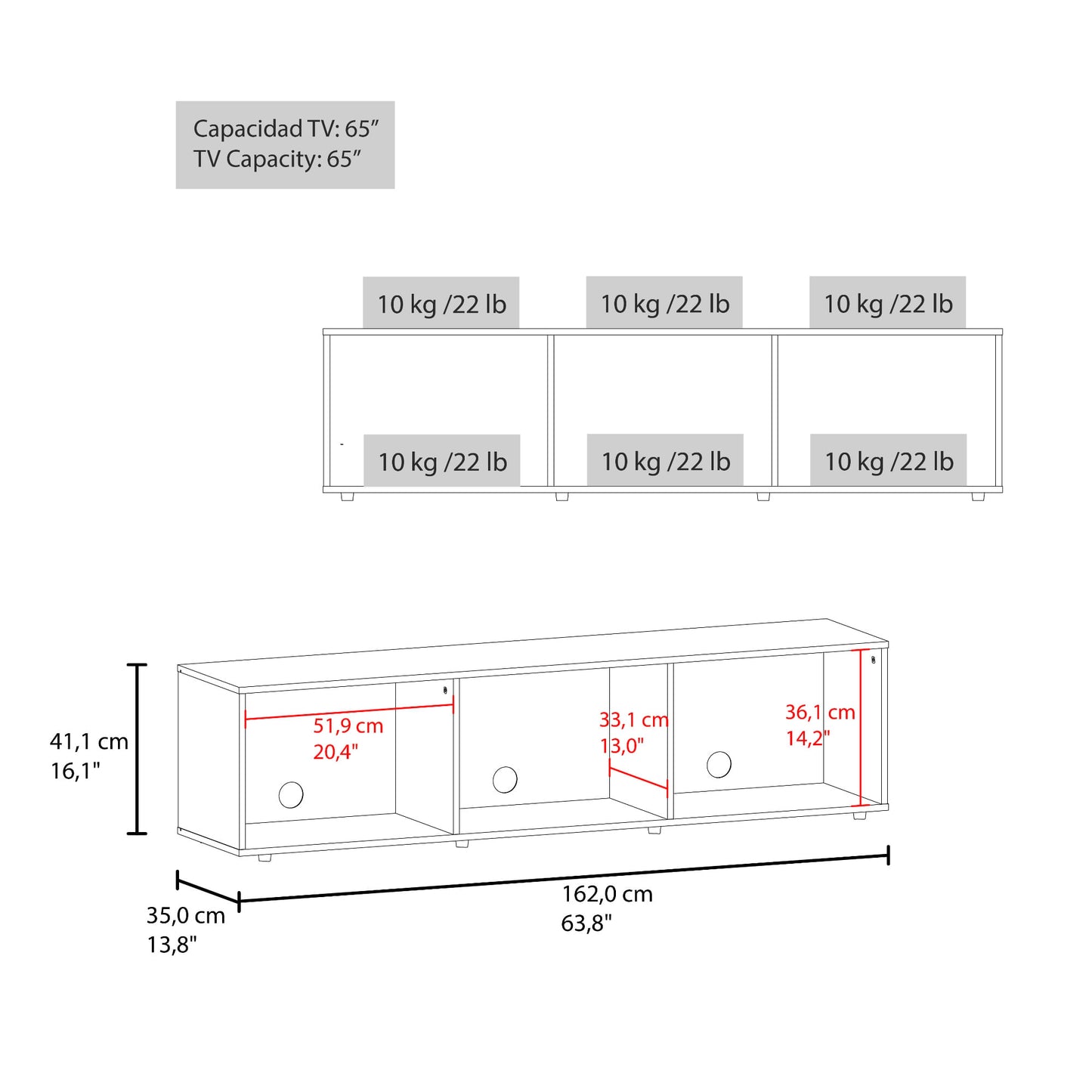 Rack De Tv 65" Dorne 41X162X35 Rta Positano Zf