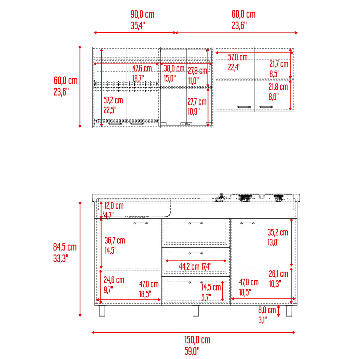 Cocina 150 Lumina Izq 60X150X31 Rta Blanco Positano