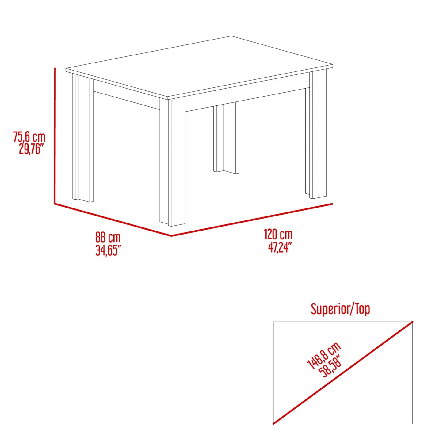 Mesa Comedor Portofino 120 75X120X88 Rta Onix