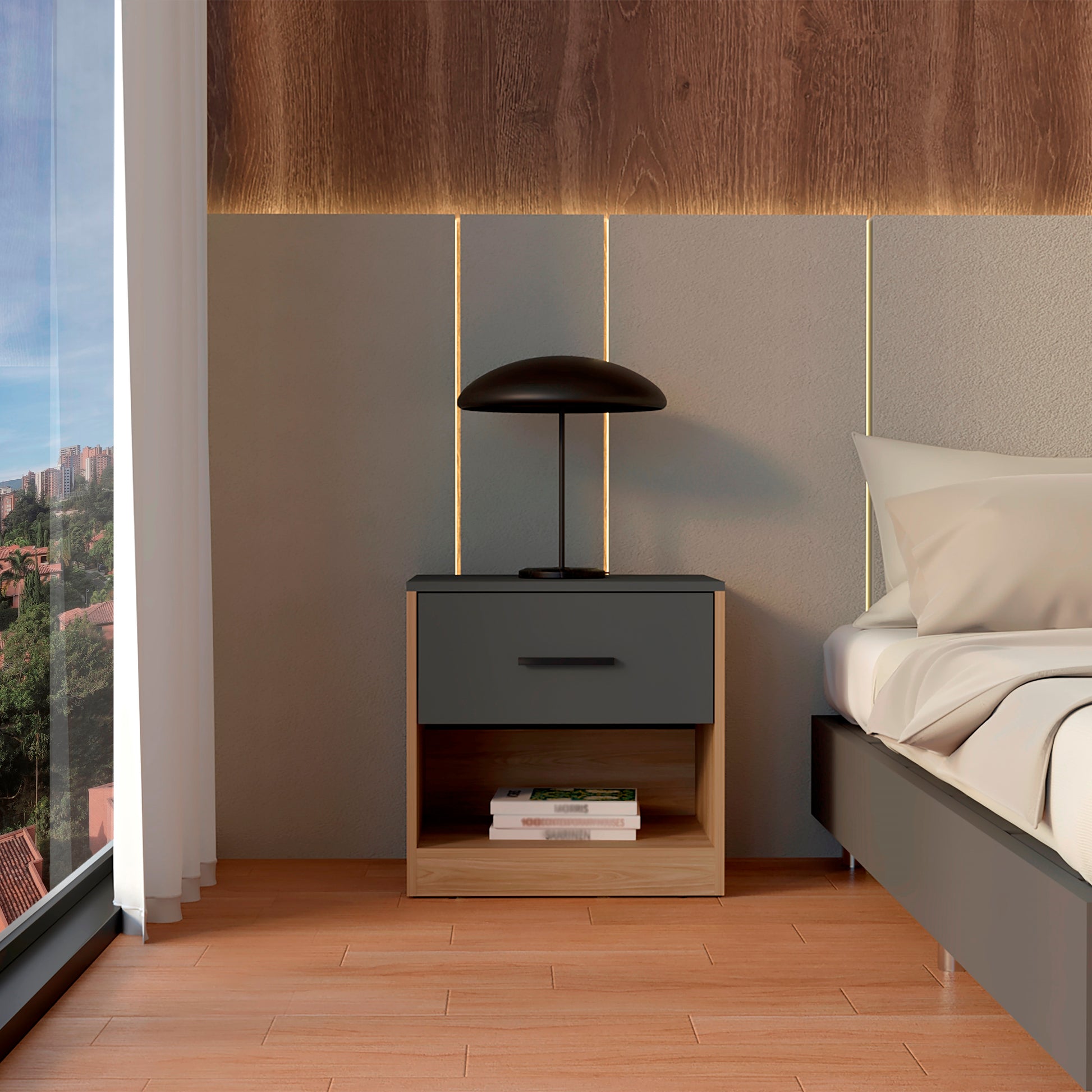 Velador Girona 50X50X40.3 Rta Plomo + Fresno Europeo