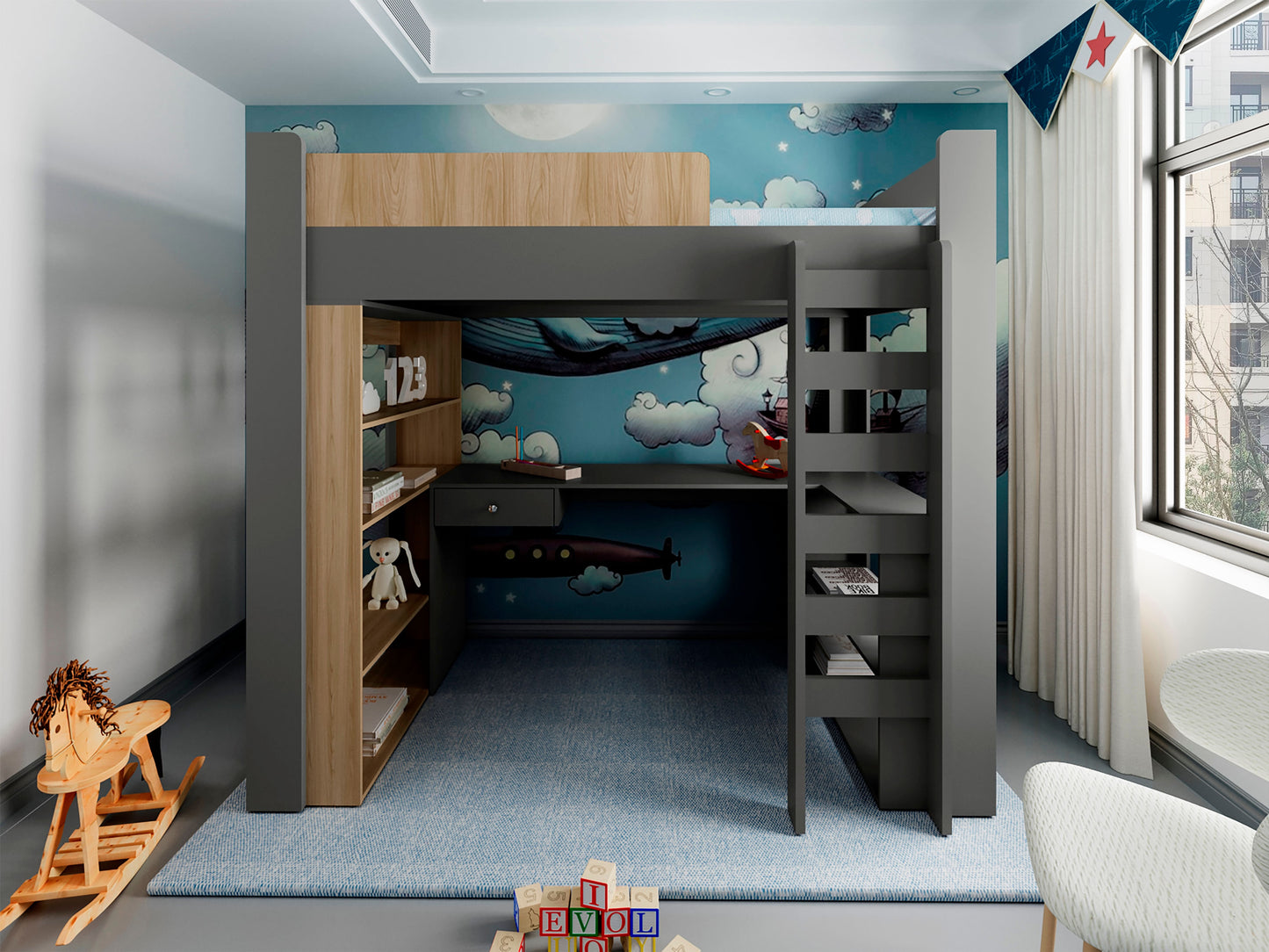 Cama Multifuncional Cozy 183X201X118 Rta Plomo Fresno Eu