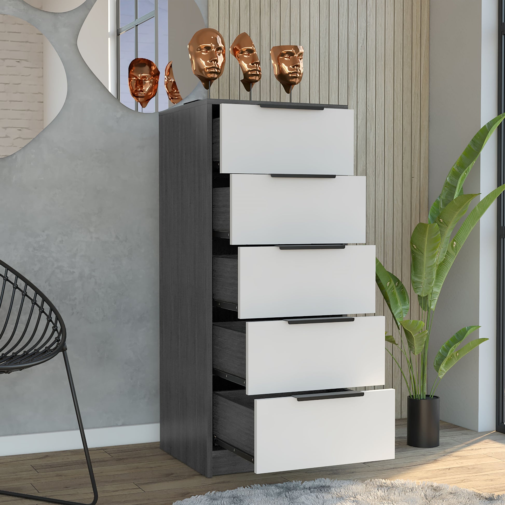 Comoda 5 Cajones Kaia Rta Roble Gris Blanco Zf