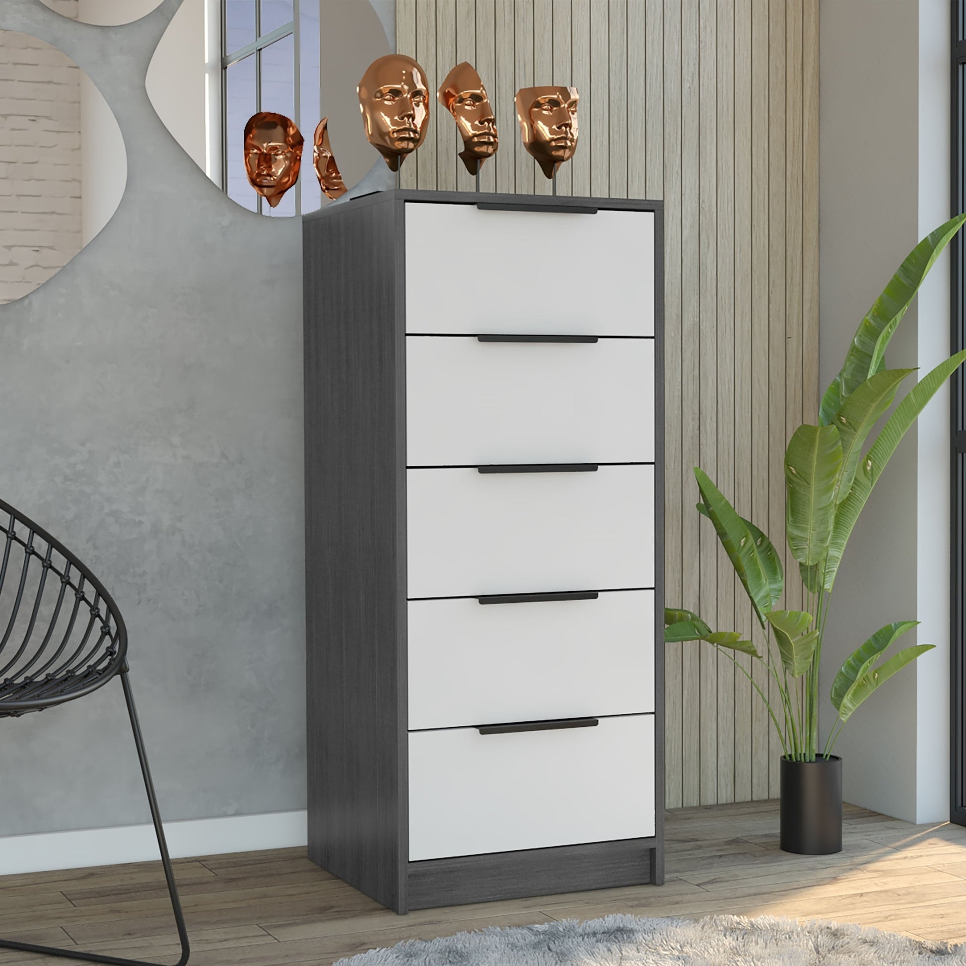 Comoda 5 Cajones Kaia Rta Roble Gris Blanco Zf