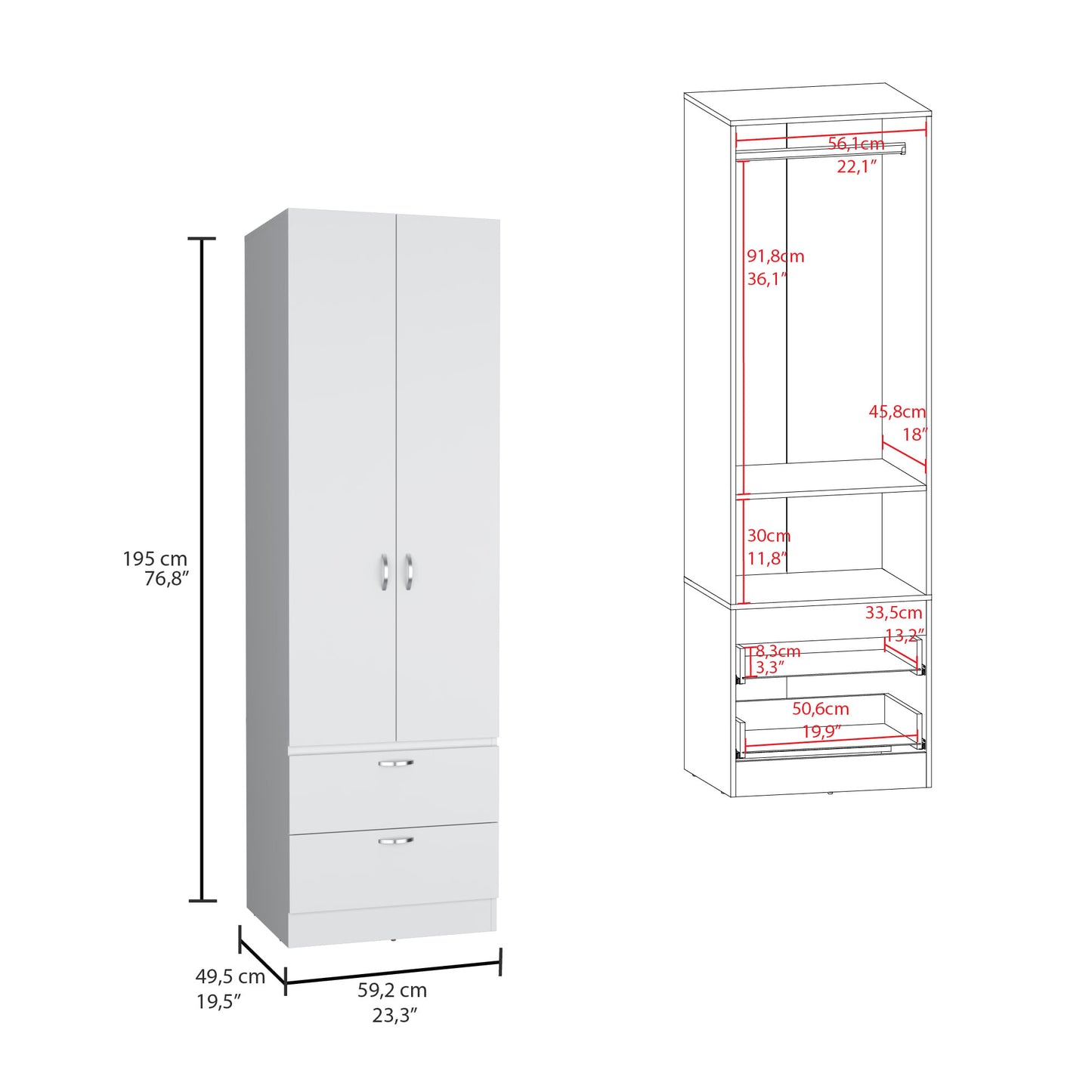 Closet Vicco 2P 2C 195X59X49 Rta Blanco Zf