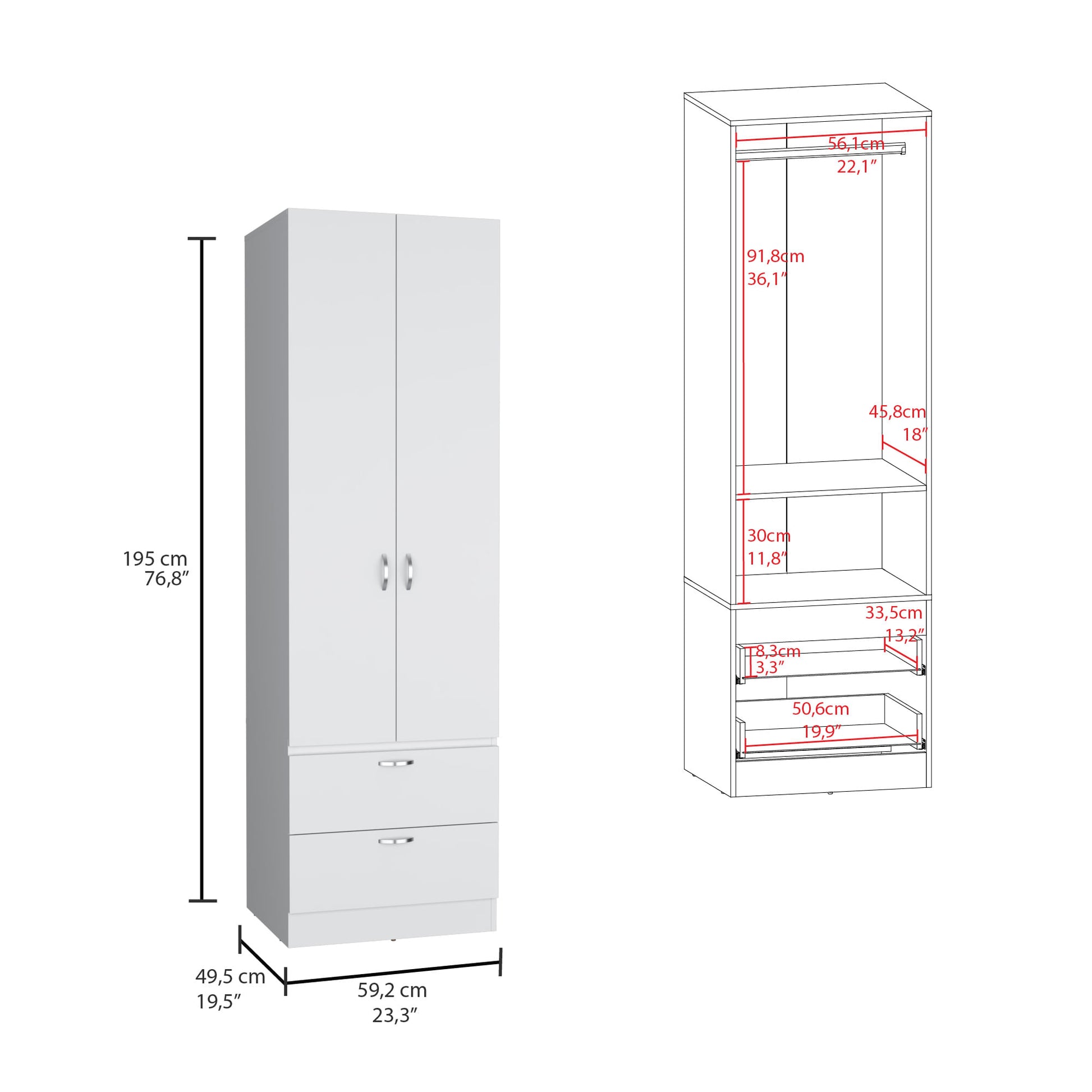 Closet Vicco 2P 2C 195X59X49 Rta Blanco Zf