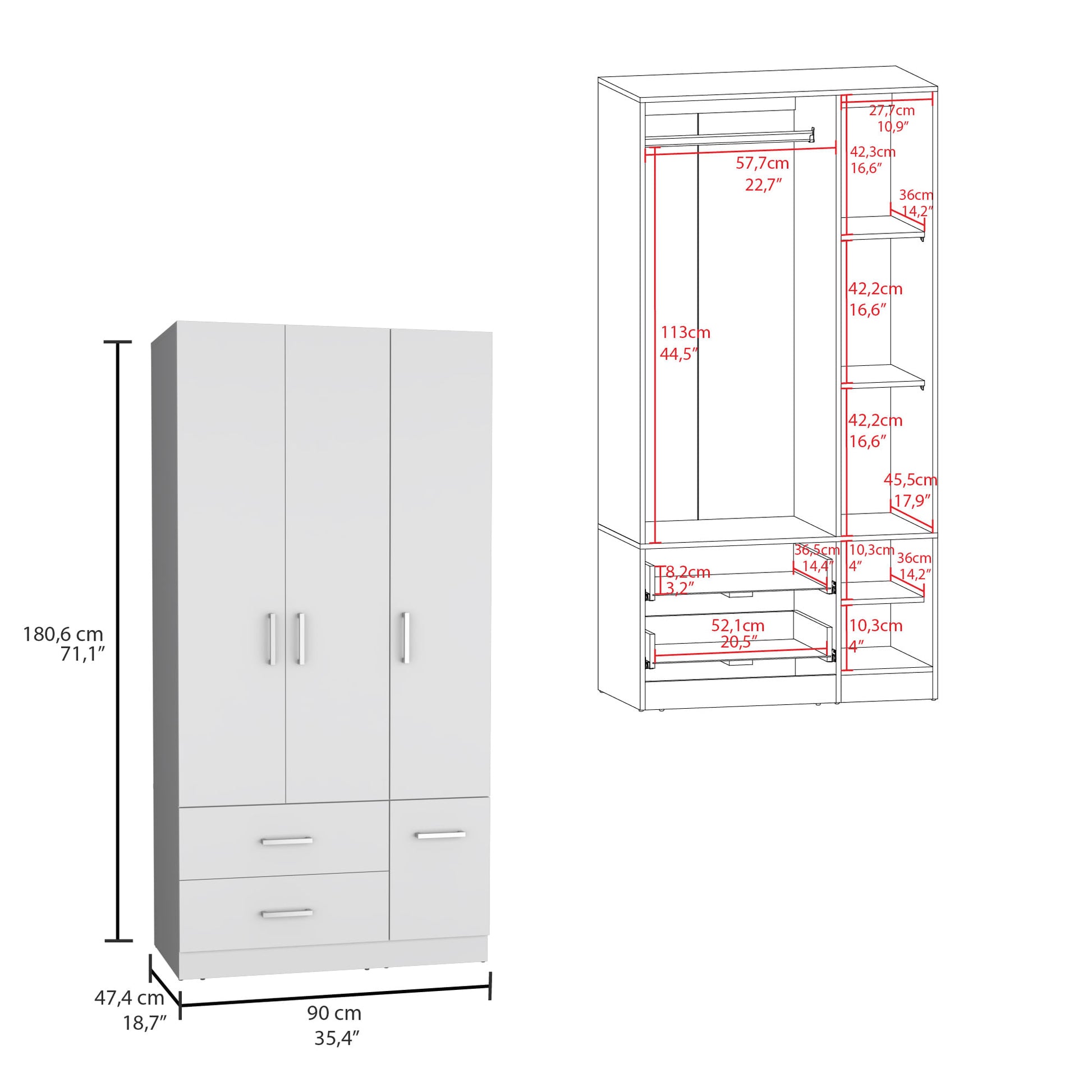 Closet Sebree 3P 2C 180X90X47 Rta Blanco Zf