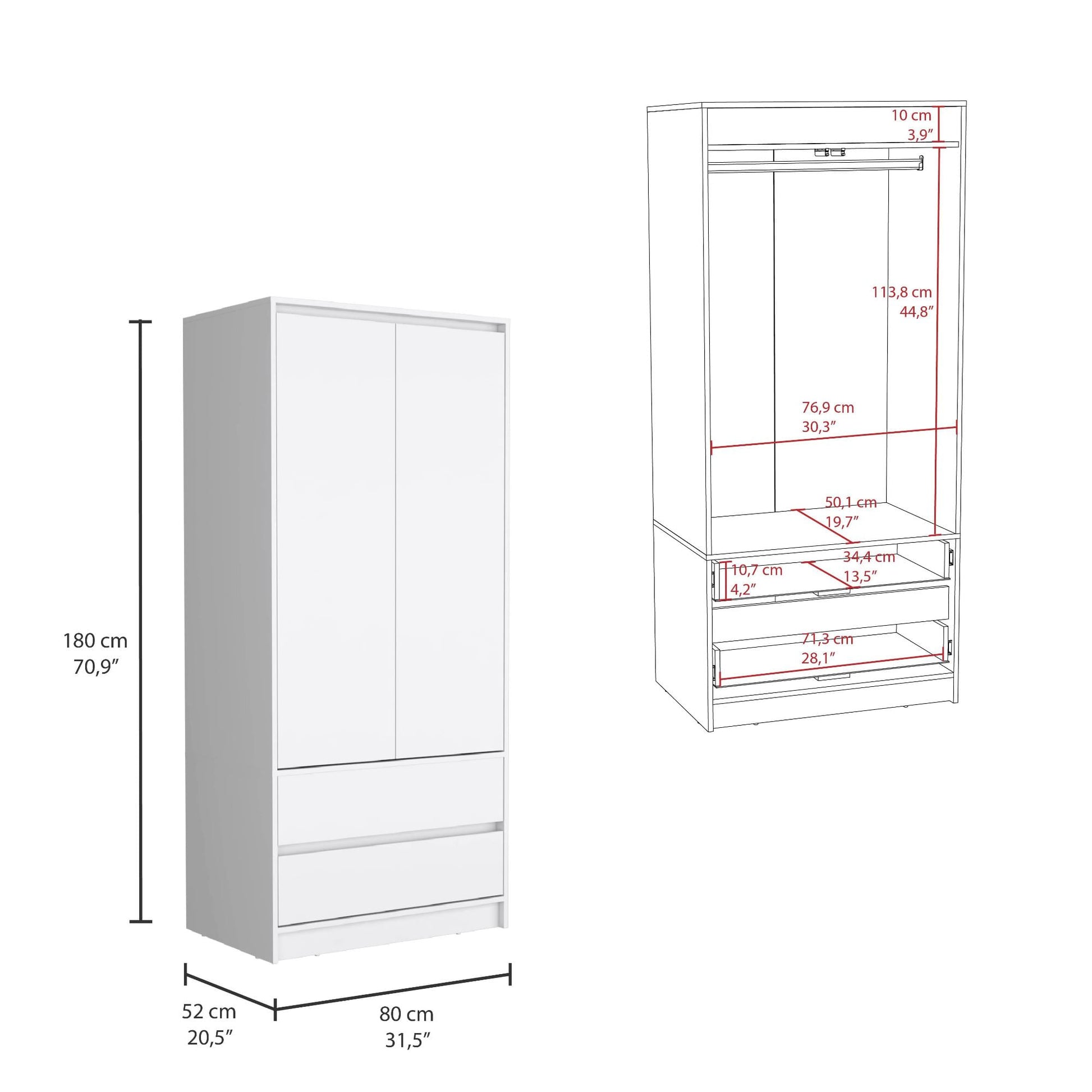 Closet 2 Puertas 2 Cajones Austin 180X80 Rta Blanco Zf