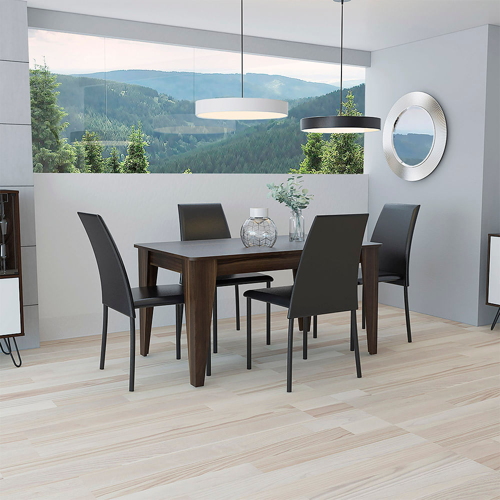 Comedor Torino 4 Sillas Negras Nogal