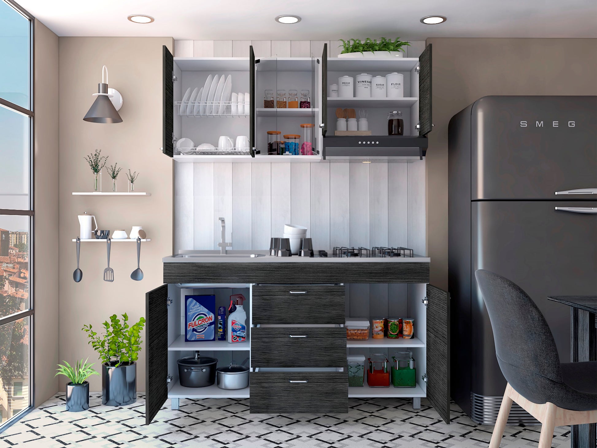 Cocina 150 Lumina Rta Blanco + Roble Gris