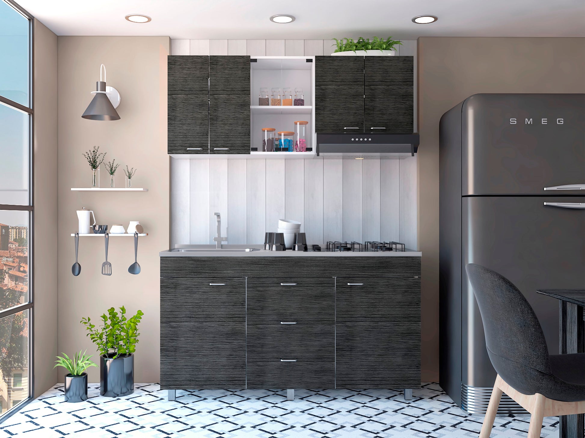 Cocina 150 Lumina Rta Blanco + Roble Gris