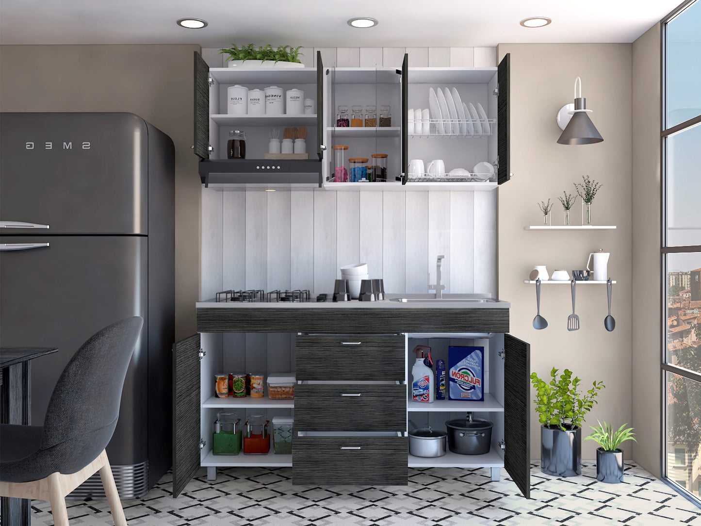 Cocina 150 Lumina Rta Blanco + Roble Gris