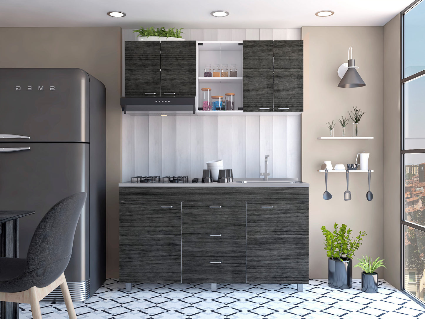 Cocina 150 Lumina Rta Blanco + Roble Gris
