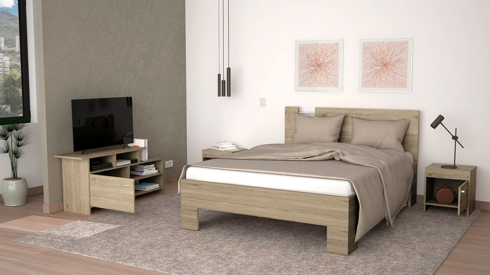 Combo Dormitorio Cama Mesa De Noche Y Rack Rta Rovere