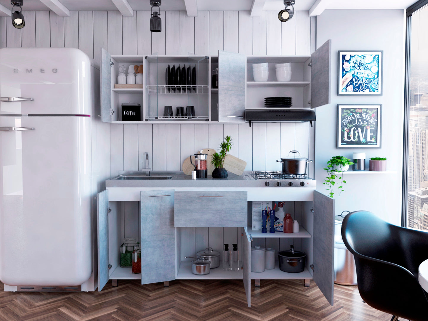 Cocina 180 Linar Rta Blanco + Cemento