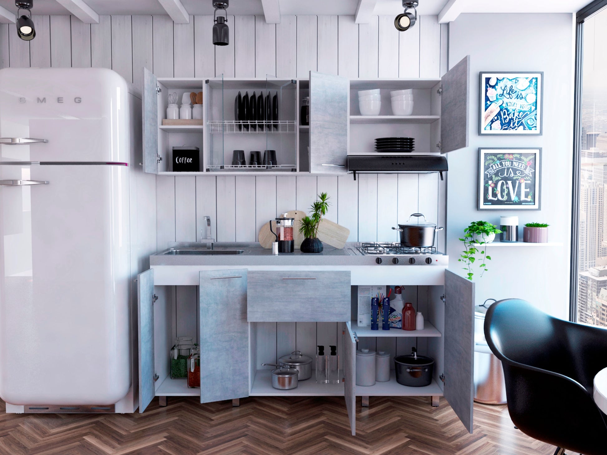 Cocina 180 Linar Rta Blanco + Cemento