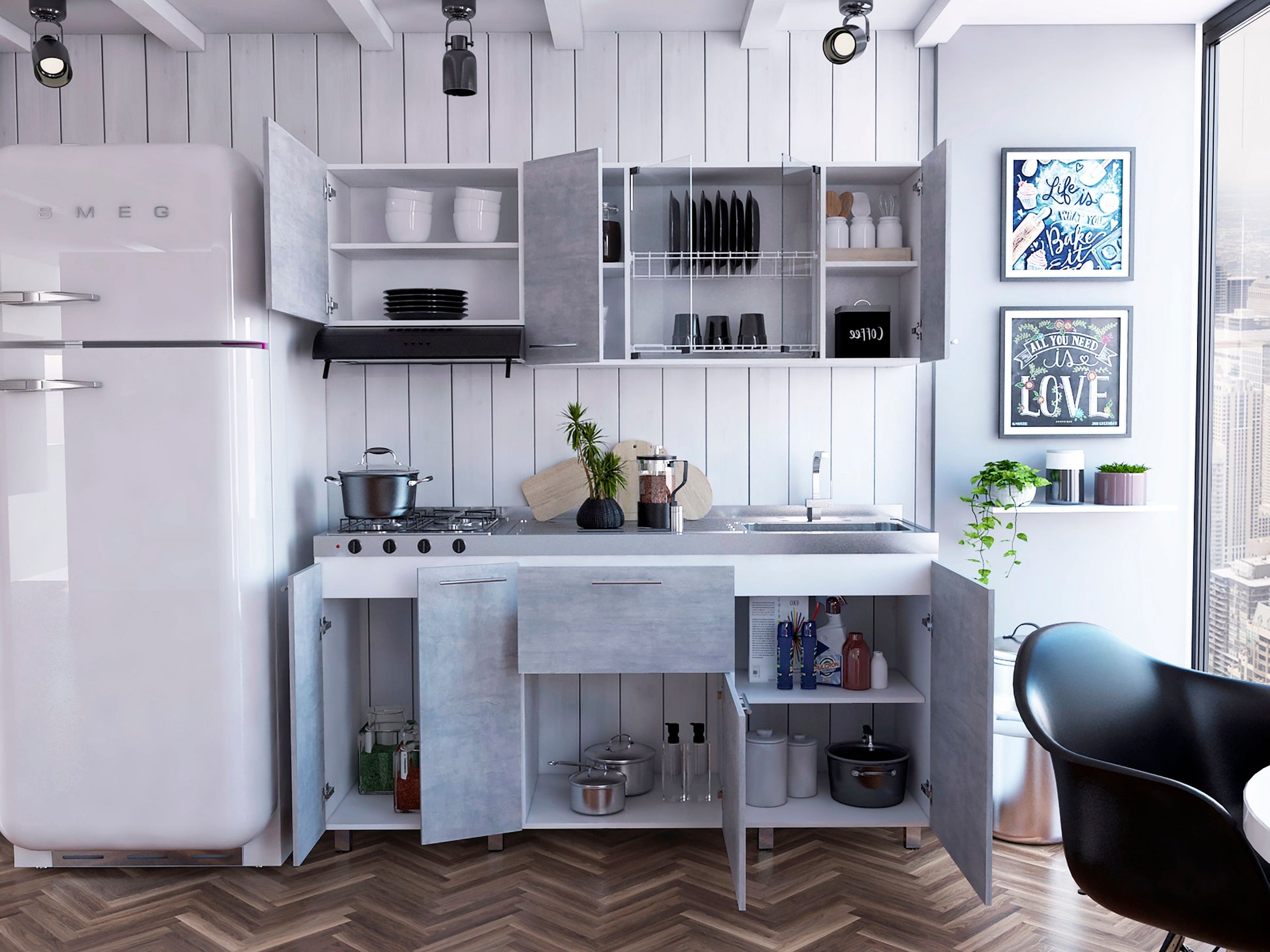 Cocina 180 Linar Rta Blanco + Cemento Zf