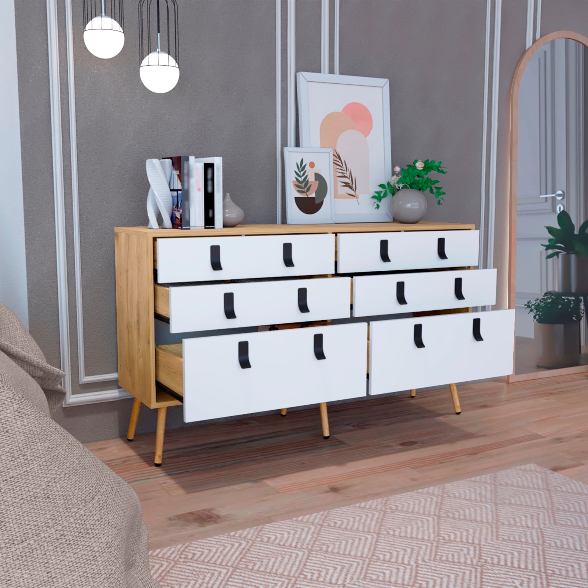 Comoda Huna 130 X 75 6Cajones Rta Macadamia Blanco