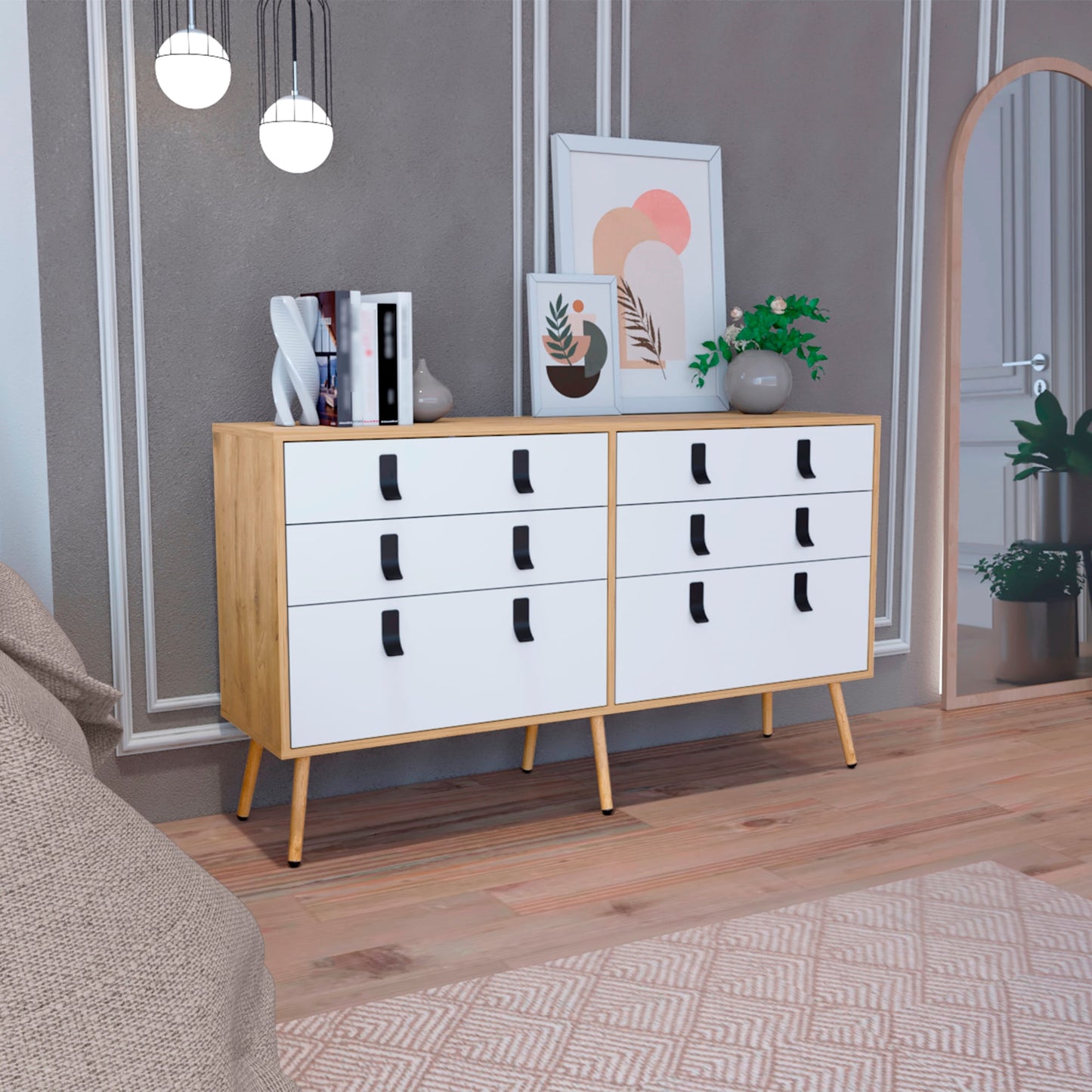 Comoda Huna 130 X 75 6Cajones Rta Macadamia Blanco