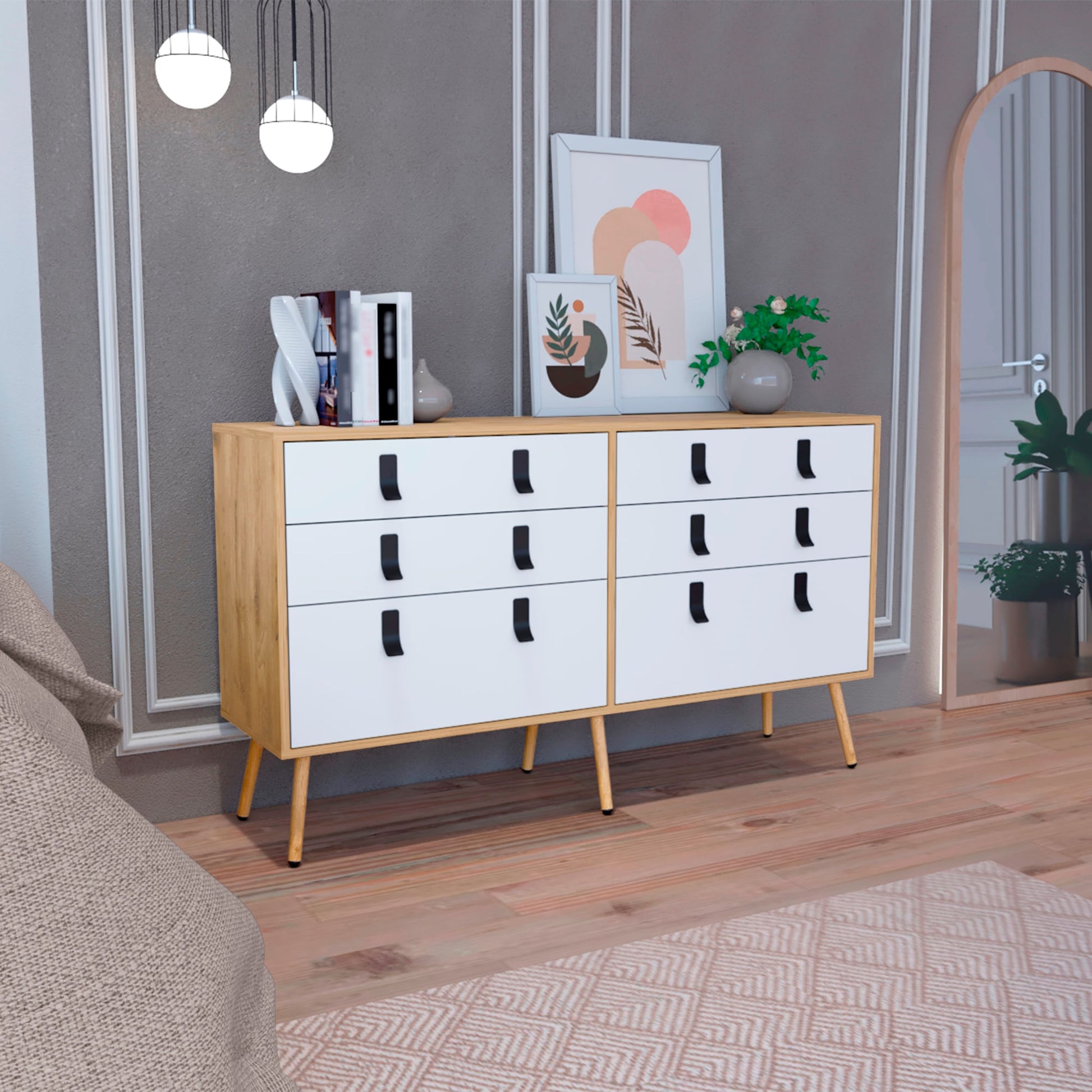 Comoda Huna 130 X 75 6Cajones Rta Macadamia Blanco