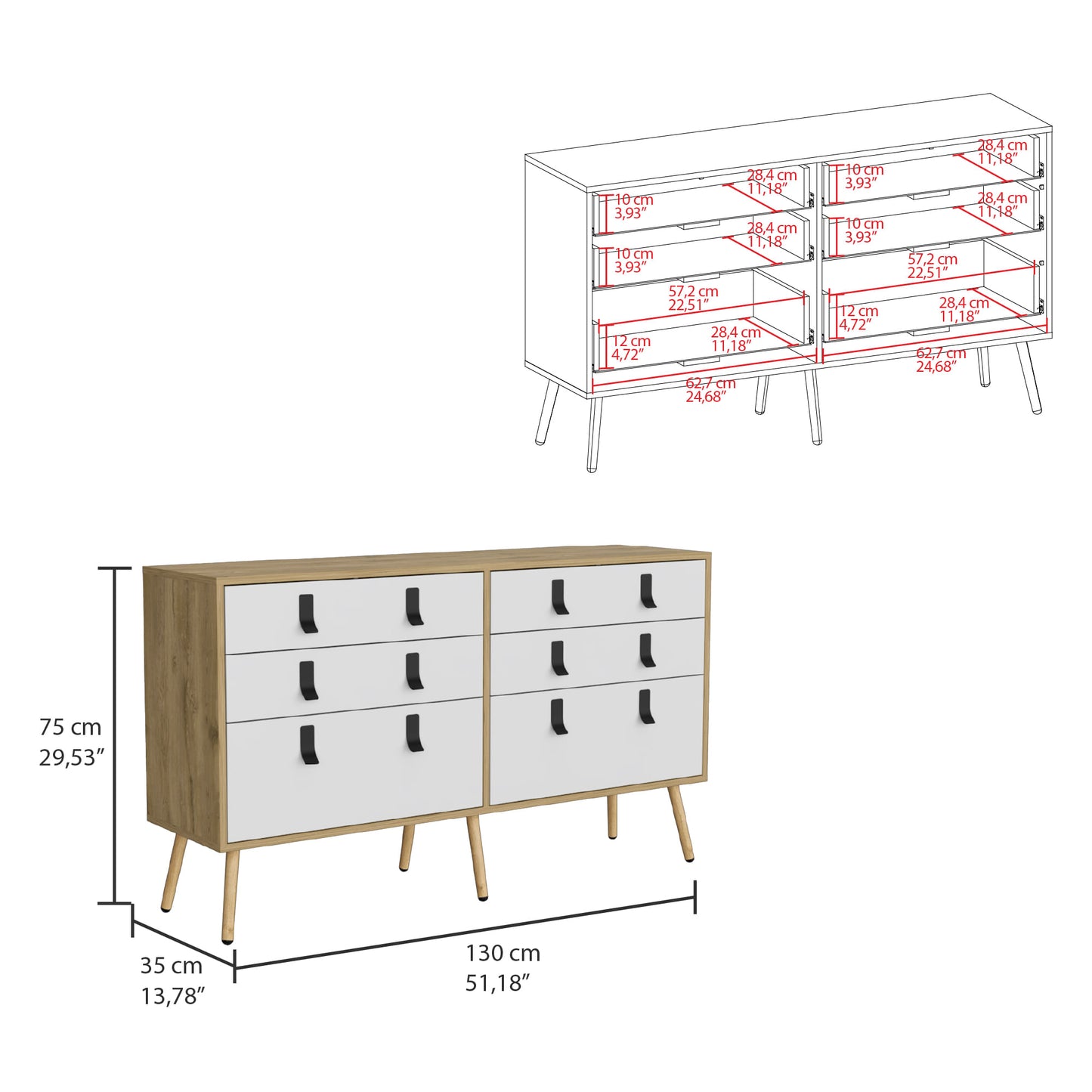 Comoda Huna 130 X 75 6Cajones Rta Macadamia Blanco