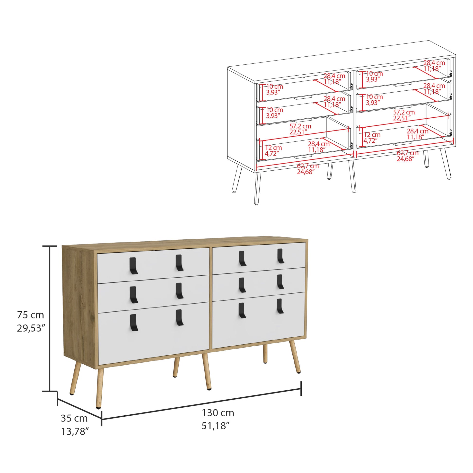 Comoda Huna 130 X 75 6Cajones Rta Macadamia Blanco