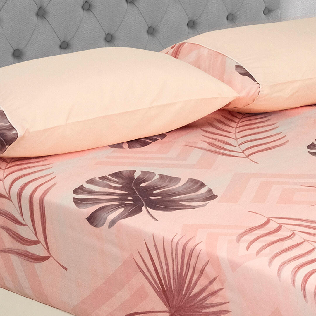 Sabana Ajustable Linea Barcelona Hojas De Palma Fondo Rosado Suave