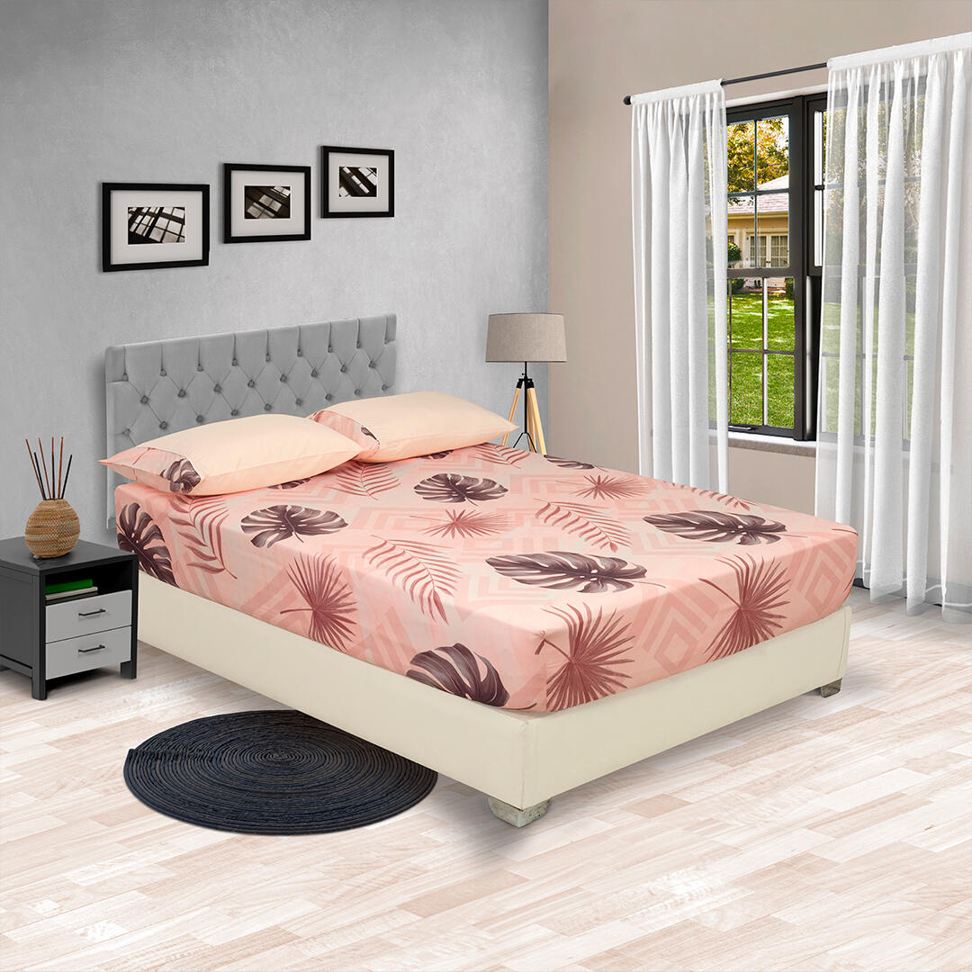 Sabana Ajustable Linea Barcelona Hojas De Palma Fondo Rosado Suave