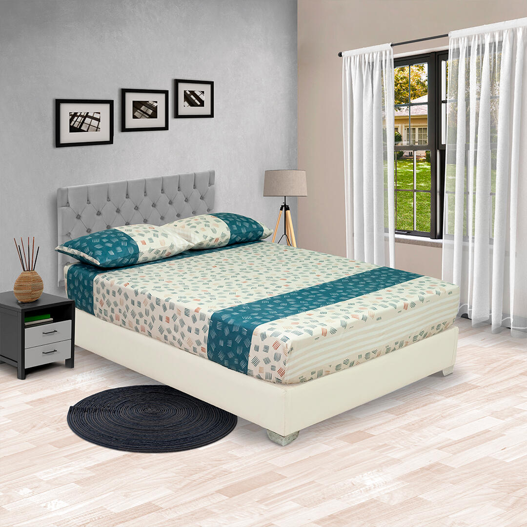 Sabana Semijuego Style Cuadrados En  Lineas Azules Rojas En Fondo Crema Con Franjas Azules