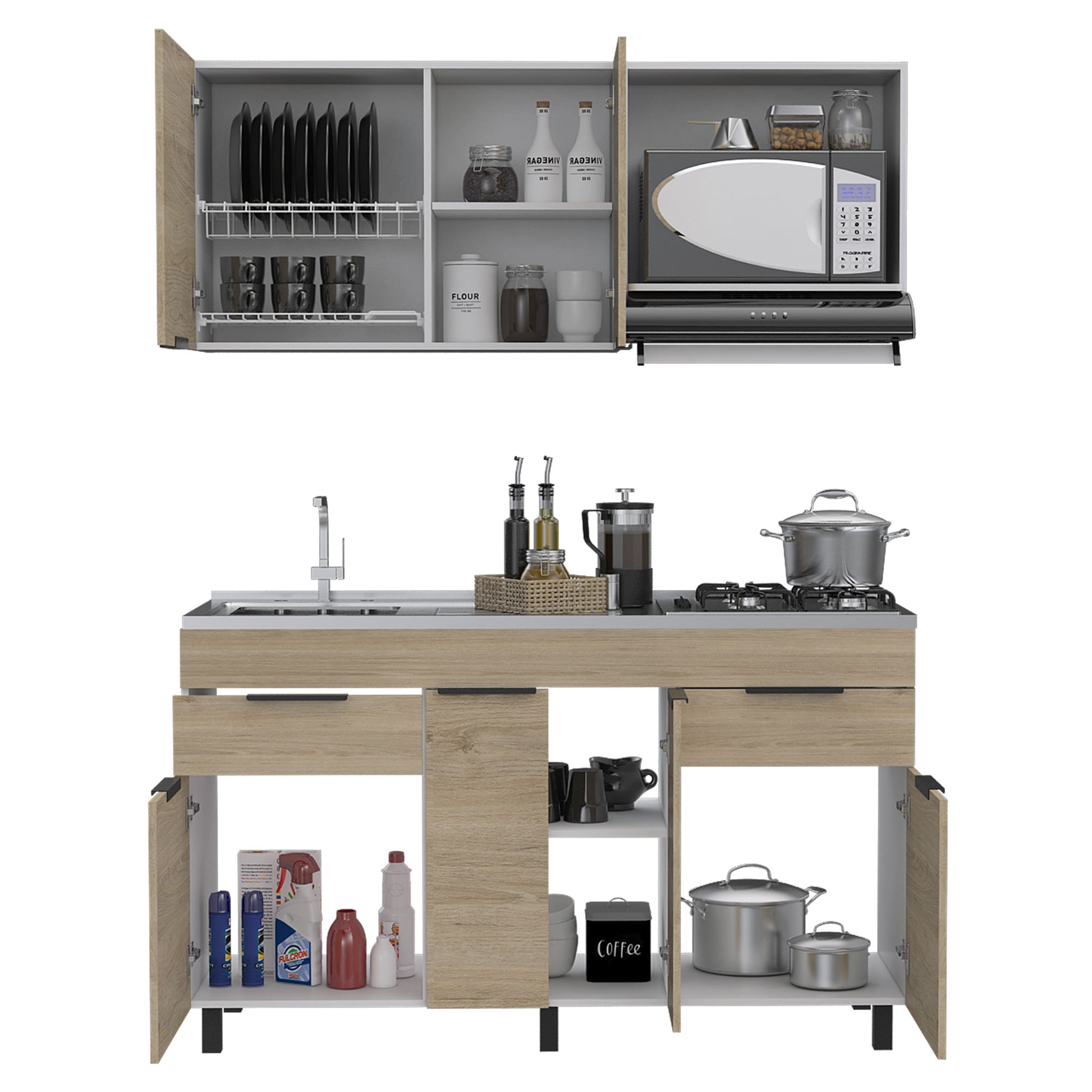 Cocina 1,50 Laport (3C) M.izq. Blanco+Rovere/Blanco M.sup:60X150X33,5 Cm / M.inf: 88X150X51,3 Cm