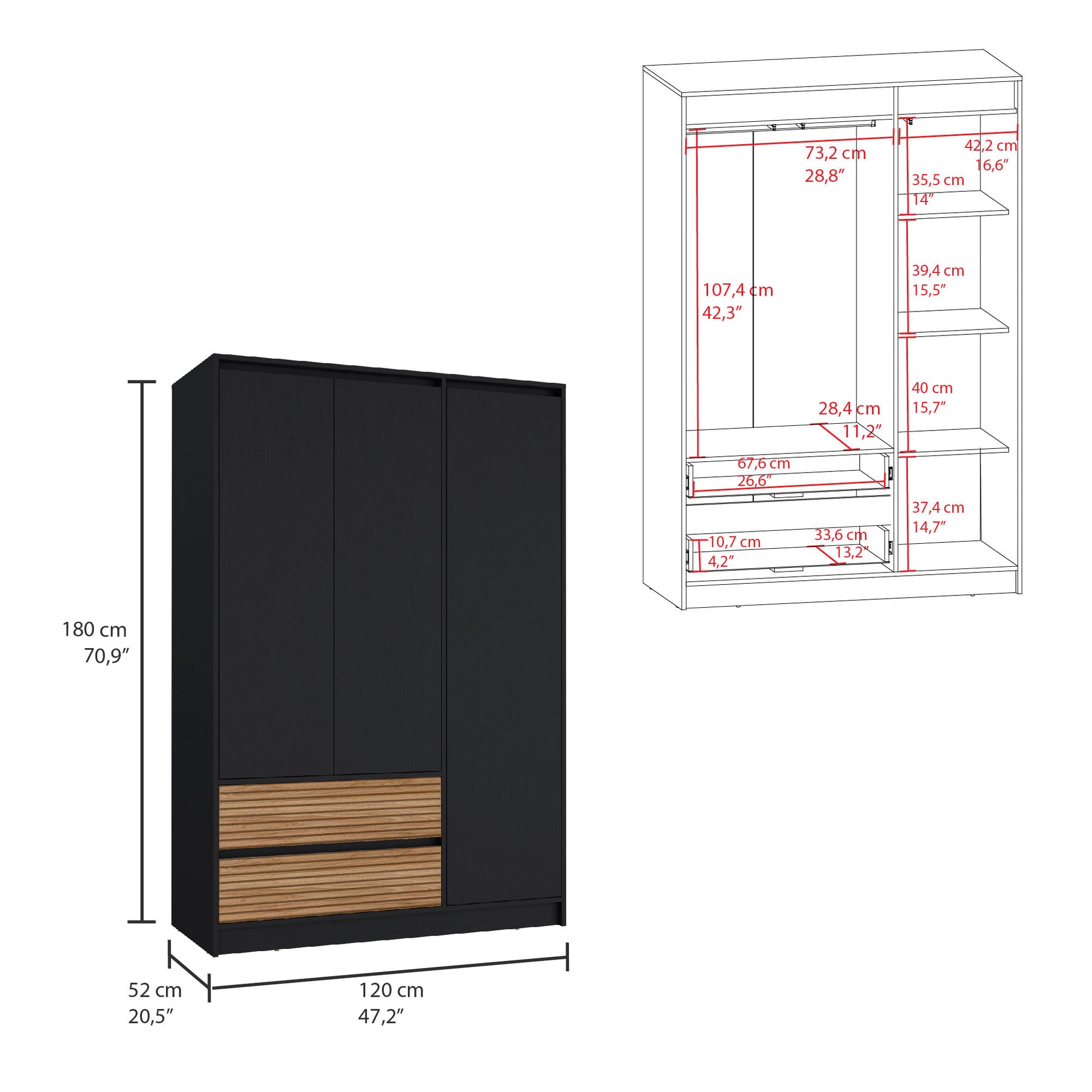 Closet 3 Puertas 2 Cajones Austin 180X120Rta Wengue Lenno