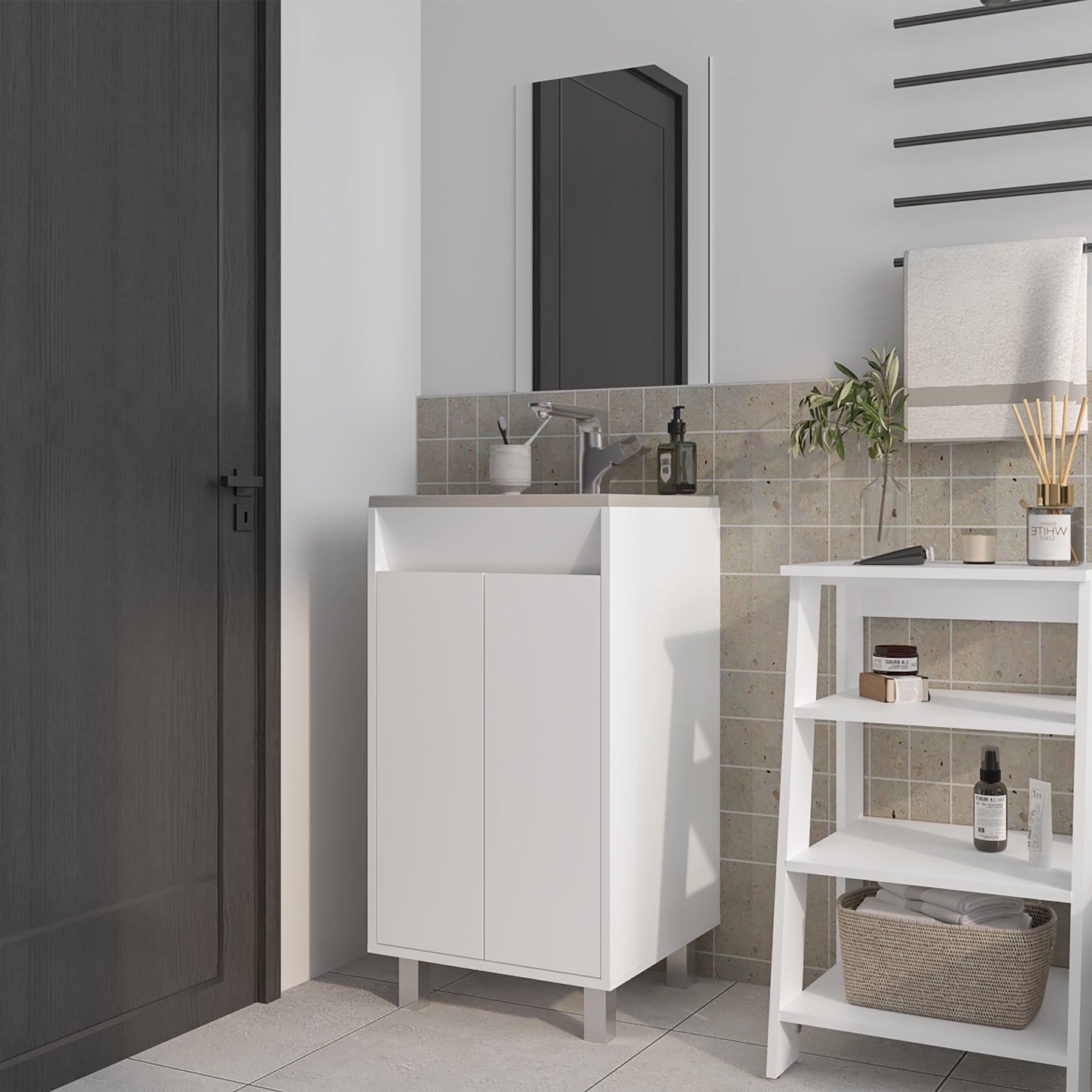 Set Mueble De Baño Brandy + Espejo 84X45X45 Rta Bolonia Blanco Mqz Zf
