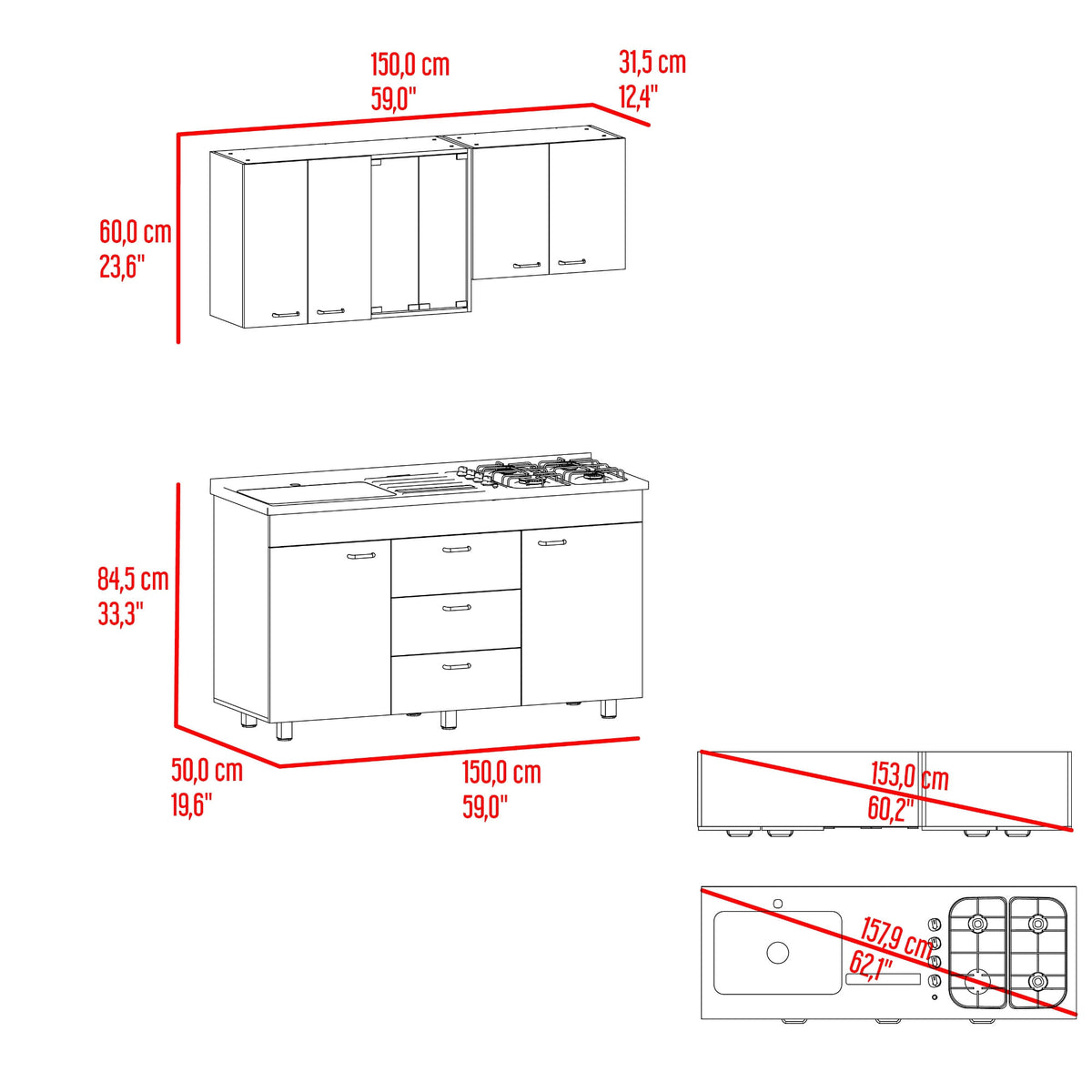 Cocina 150 Lumina Izq 60X150X31 Rta Blanco Positano