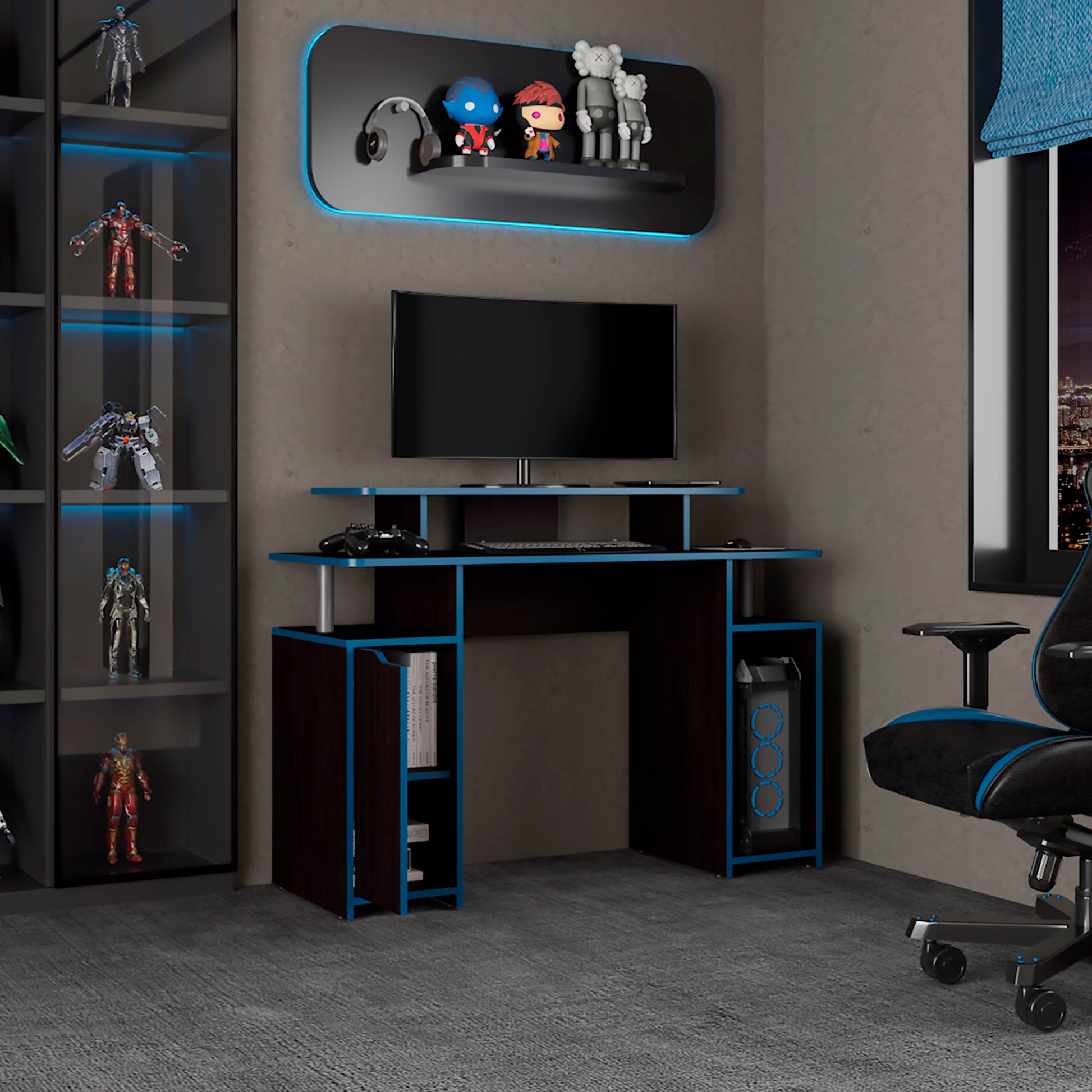 Escritorio Gamer Keria 88X120X45 Rta Wengue + Azul Zf