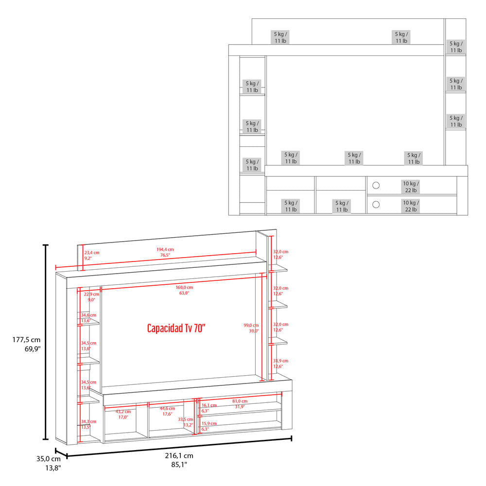 Centro De Entretenimiento Cecil 70" 178X215X35 Rta Fresno Wengue Zf