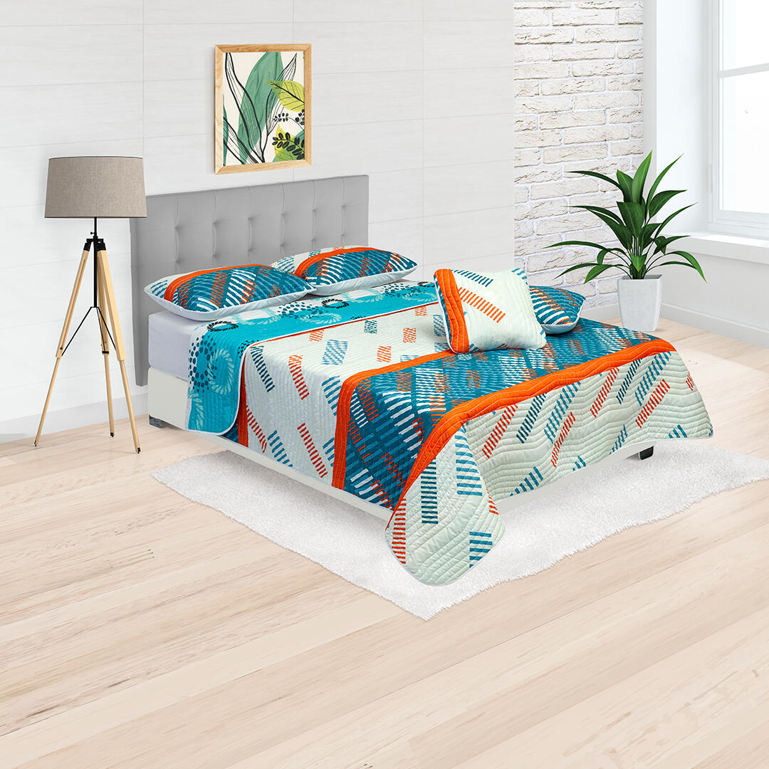 Cubrelecho Estampado Prensado Doble Faz Patron Brisa Tropical Con Lineas Blancas Fondo Azul Confortable