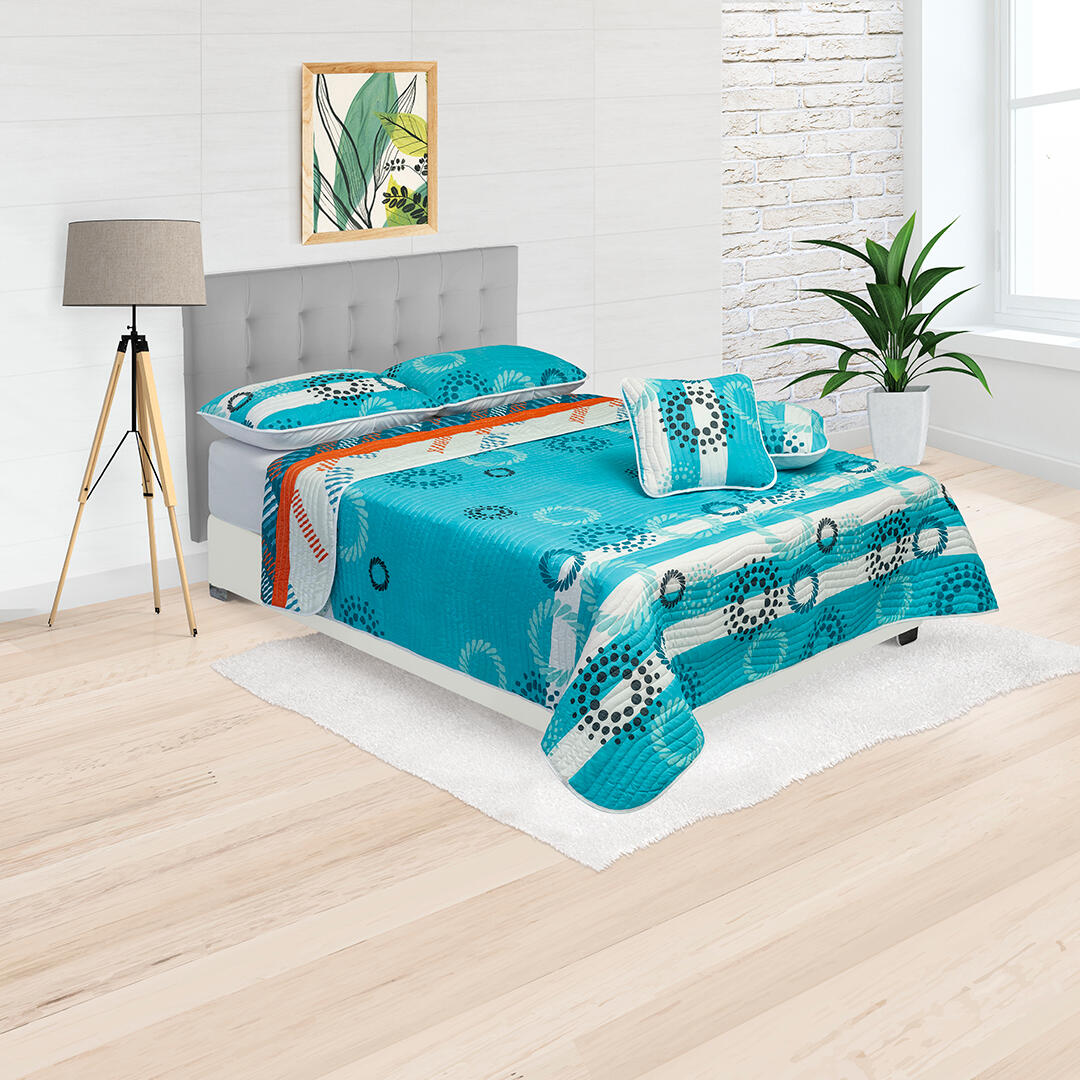 Cubrelecho Estampado Prensado Doble Faz Patron Brisa Tropical Con Lineas Blancas Fondo Azul Confortable