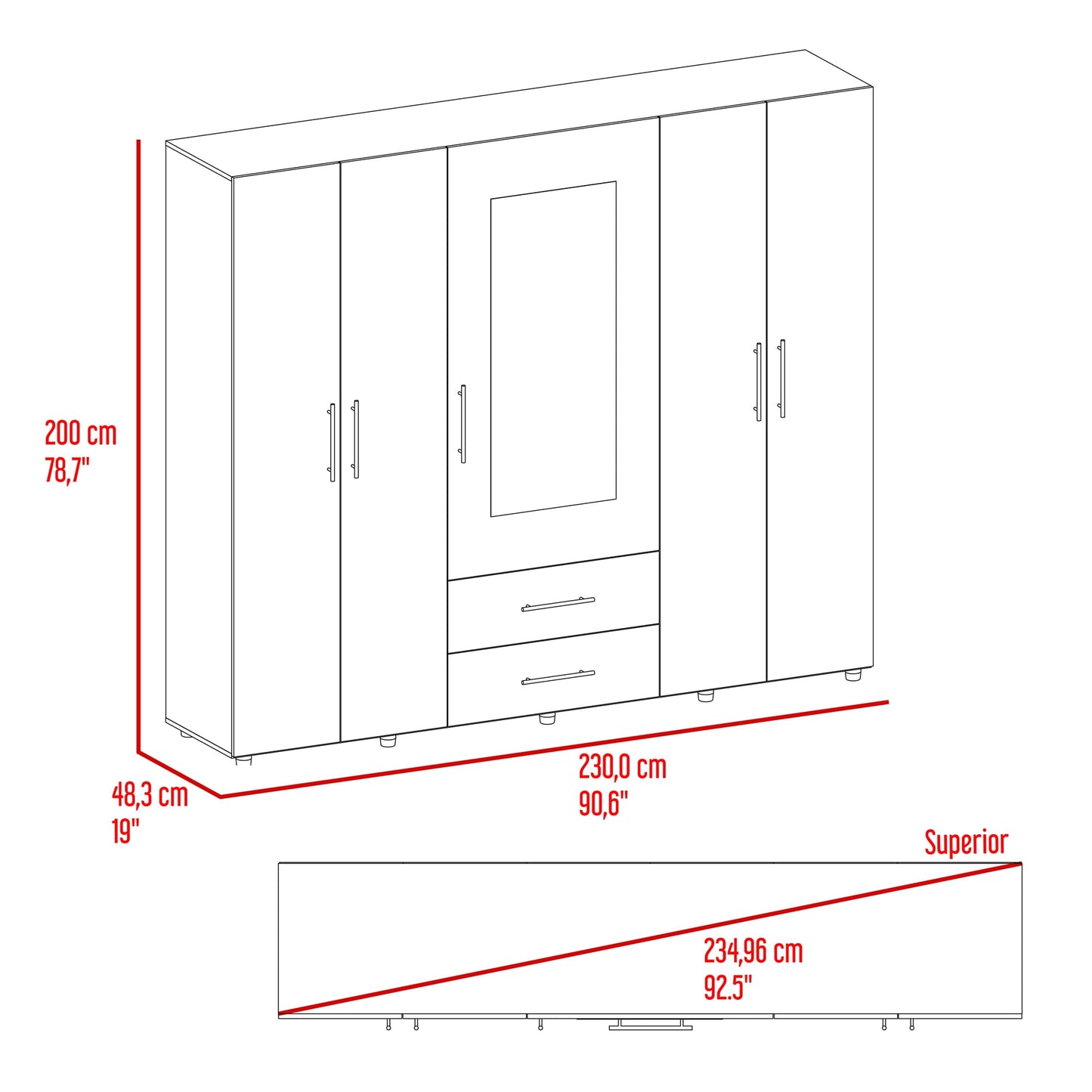 Closet Bigaf Espejo 200X230X48 Rta Fresno Eu Blanco Mqz