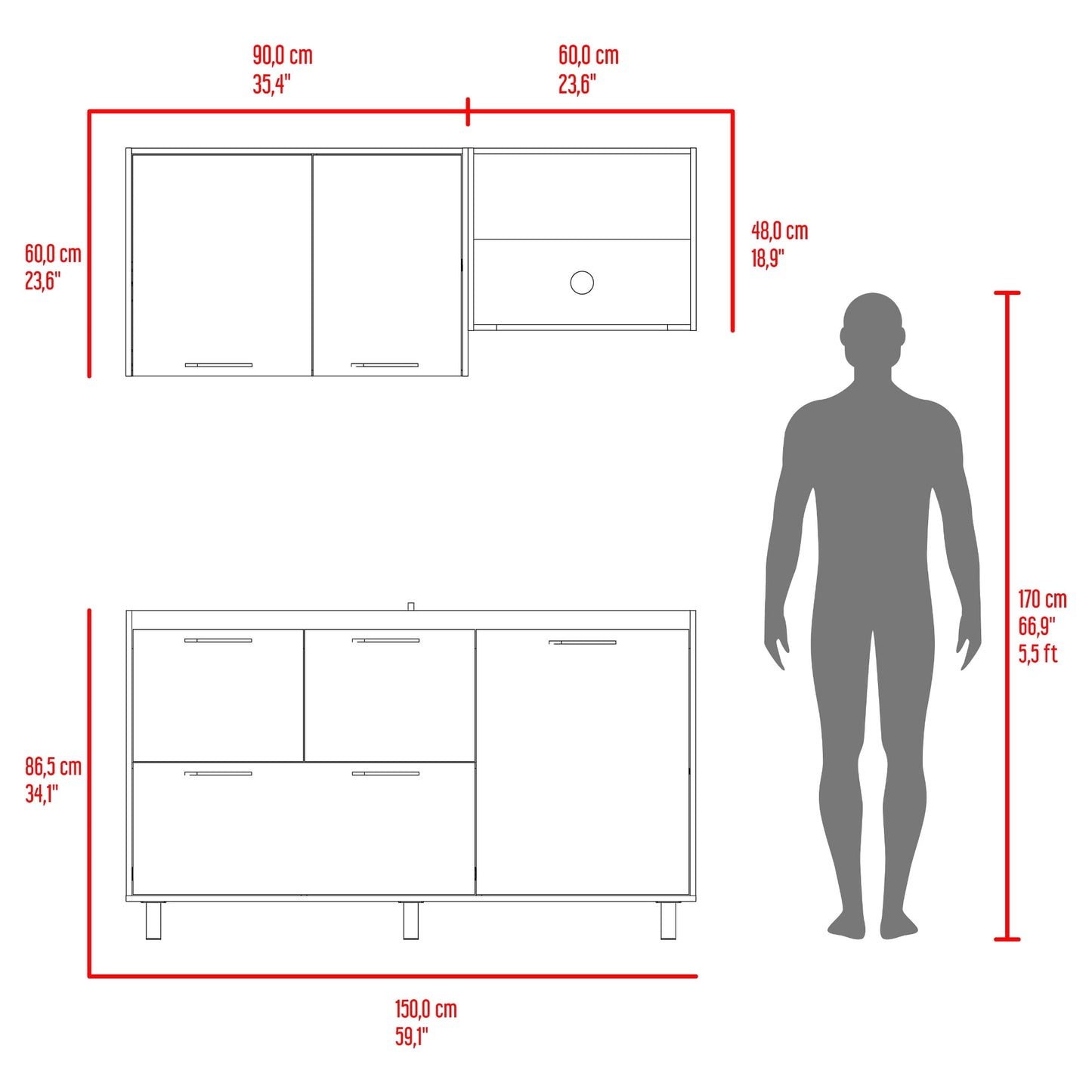 Cocina 150 Pacific 60X150X35 Rta Blanco Mqz Fresno Eu