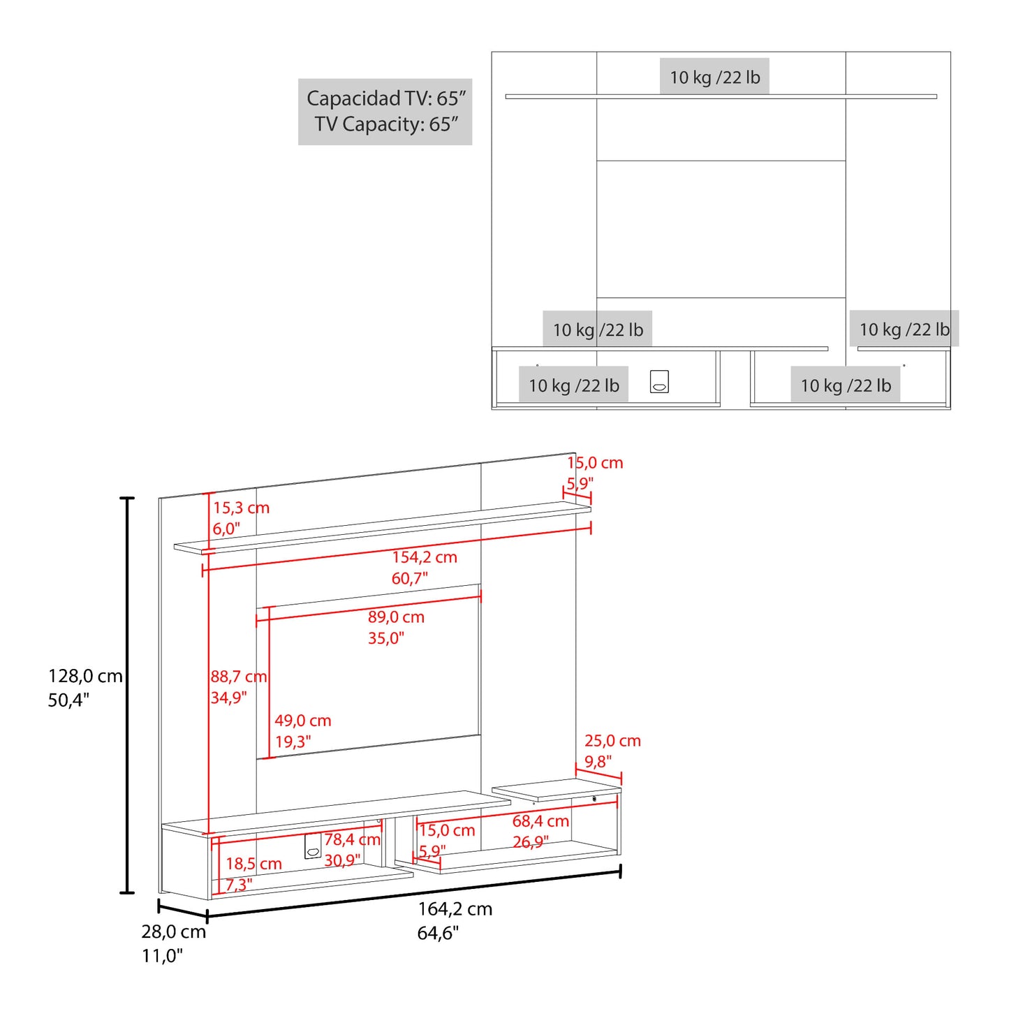 Panel De Tv 65" Desa 128X164X28 Rta Positano Wengue Zf