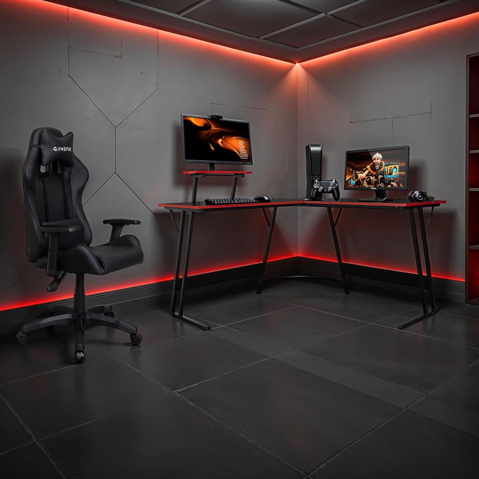 Escritorio En L Gamer Red 130X130X75 Rta Negro Rojo