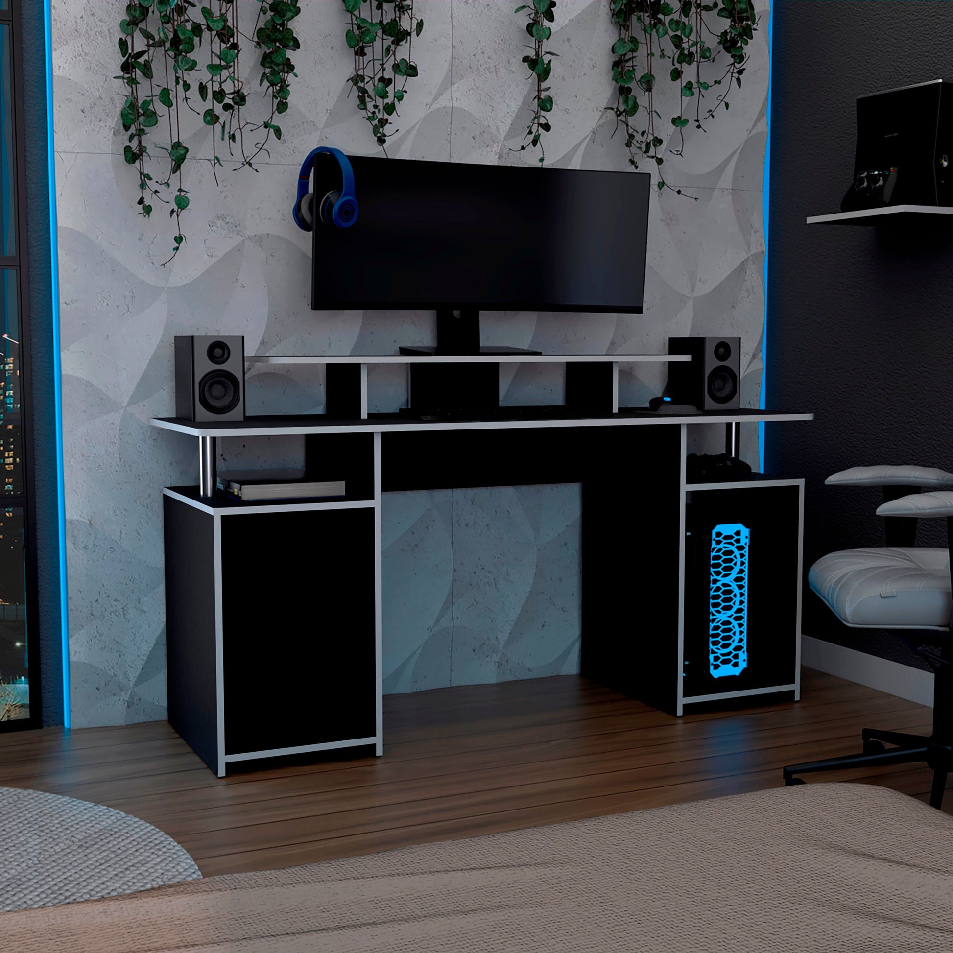 Escritorio Gamer Keria 88 X 157 Rta Wengue Blanco