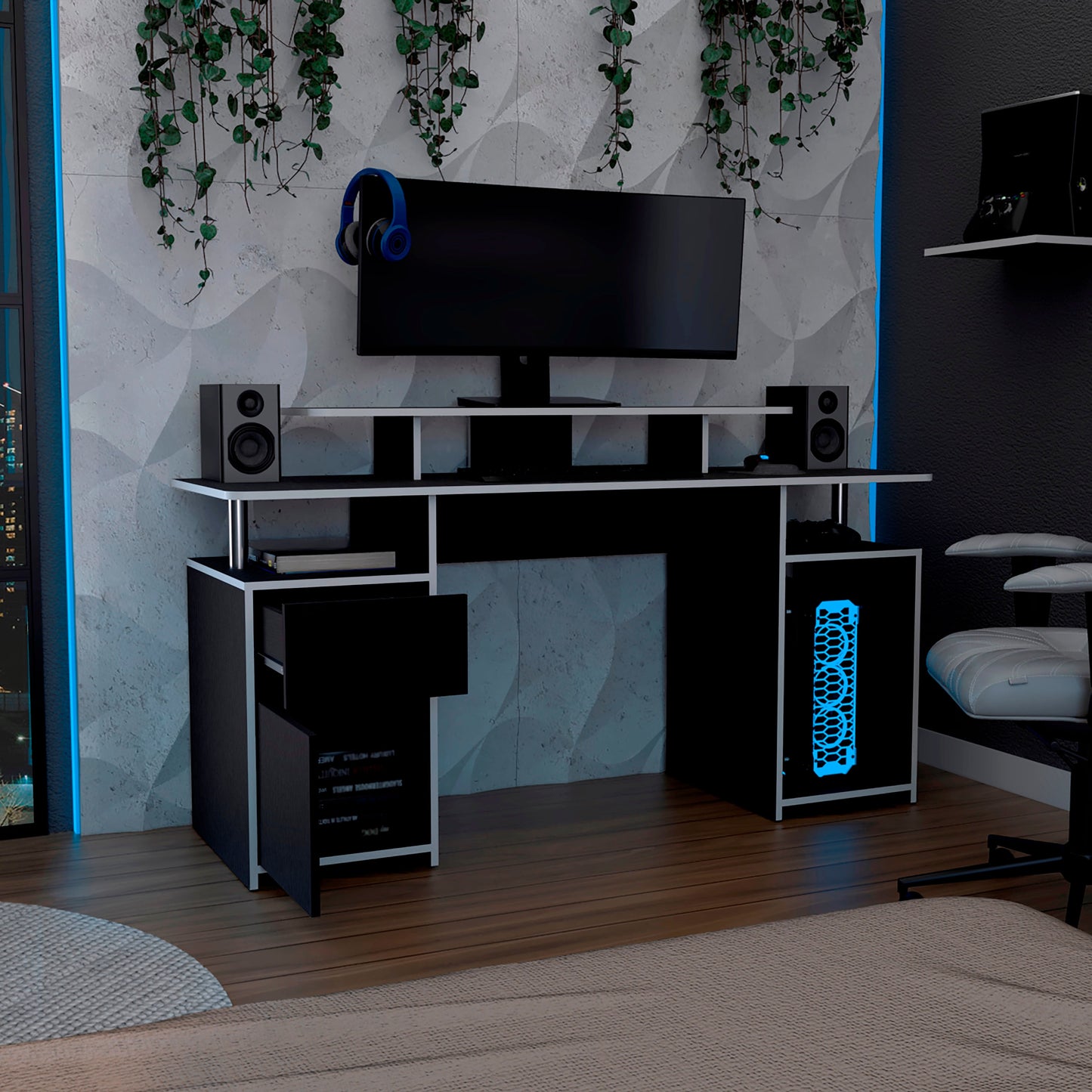 Escritorio Gamer Keria 88 X 157 Rta Wengue Blanco