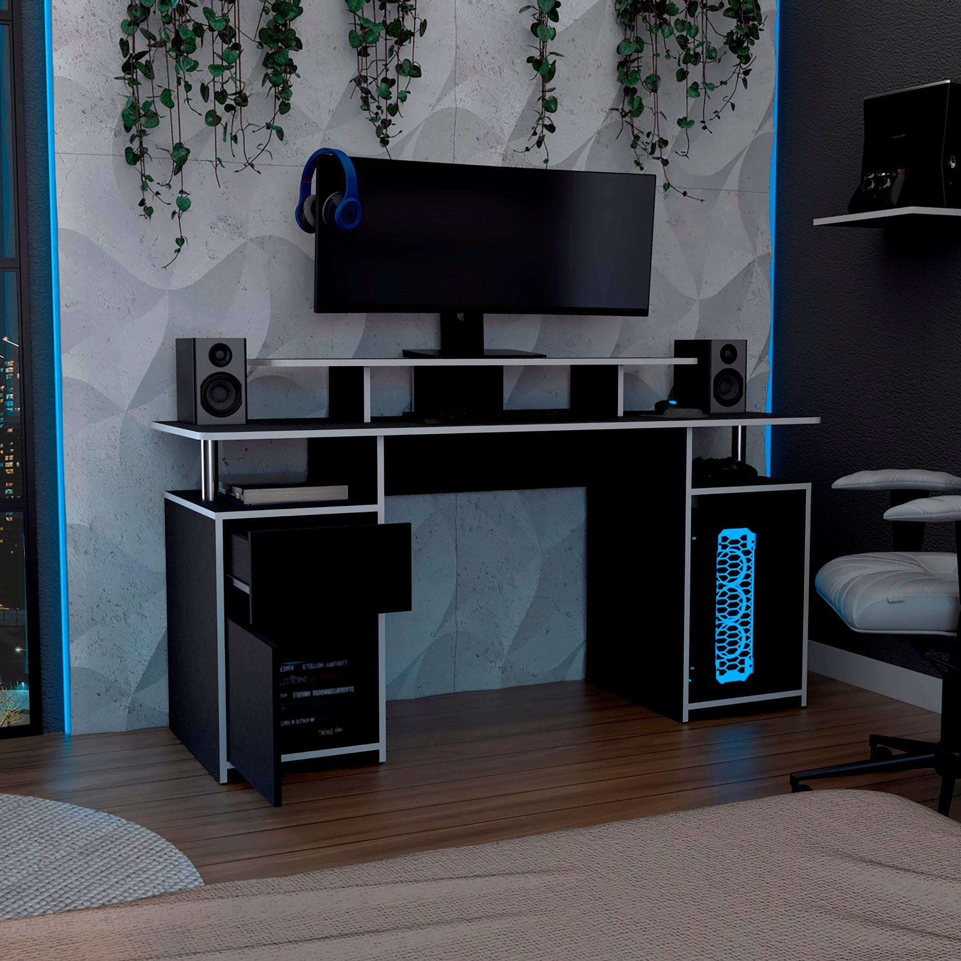 Escritorio Gamer Keria 88 X 157 Rta Wengue Blanco