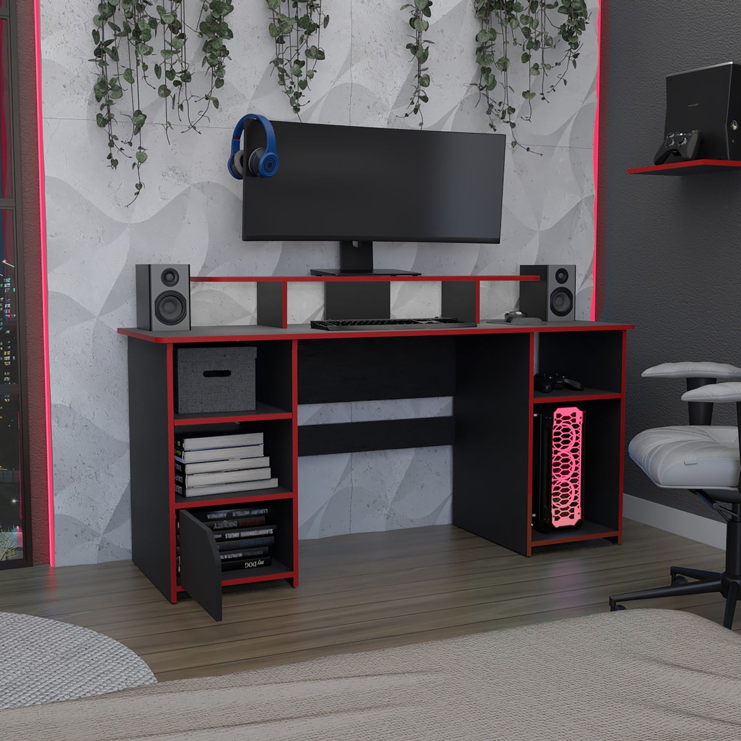 Escritorio Gamer Keria 88X157X50 Rta Wengue Rojo